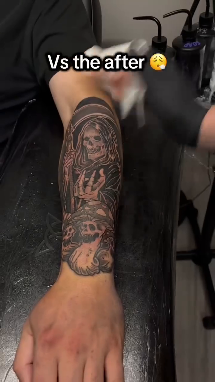 Grim reaper and skull tattoo realism tattoo on the forearm by Captain Michael Devious