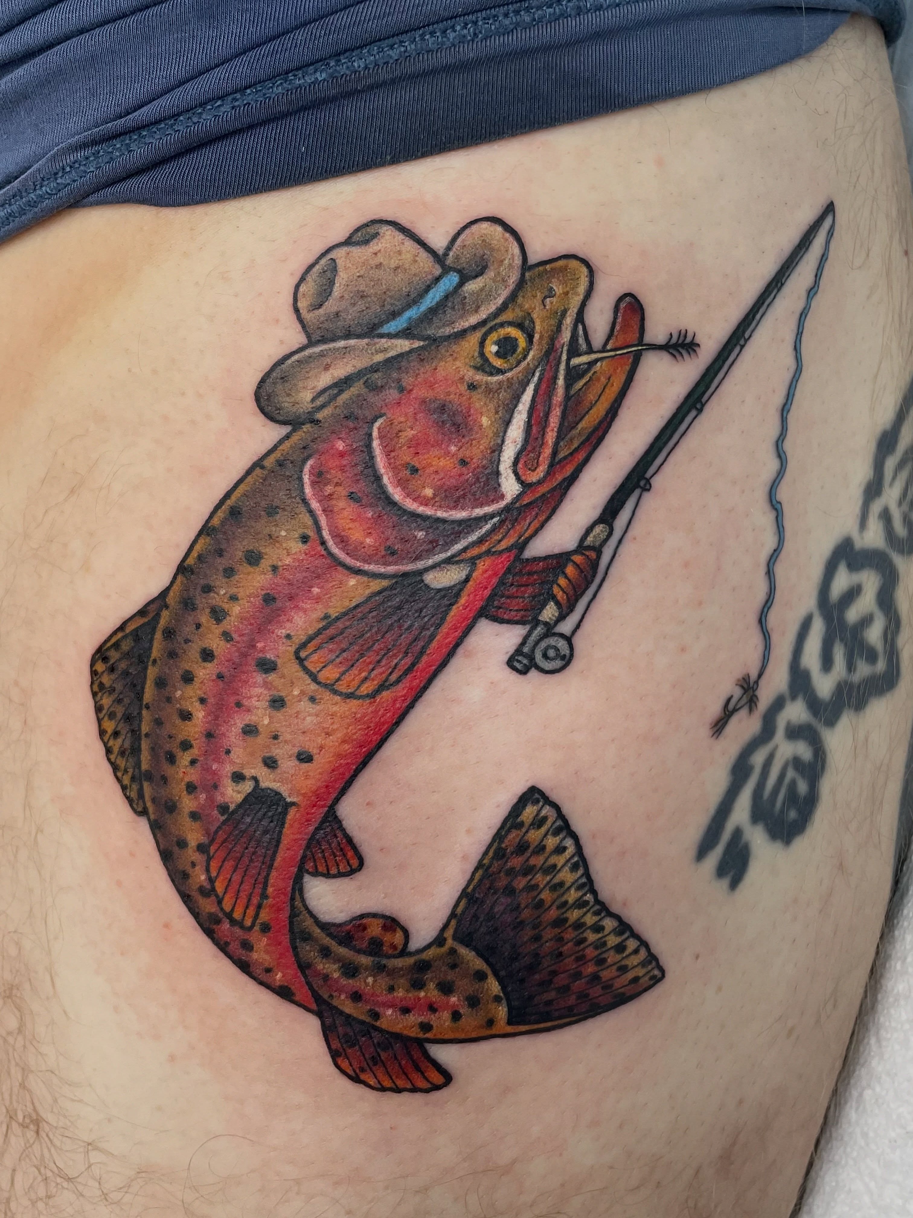 Rainbow trout American traditional tattoo on the thigh by πΌπ
ππΎπππππ