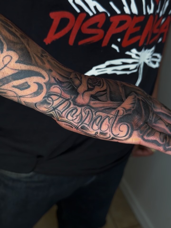 Tattoo by @tattoosbymyles — lettering_script, black_and_grey
