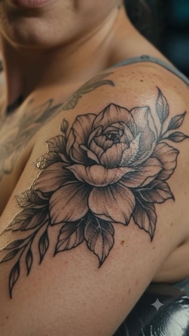 Rose tattoo on shoulder dotwork tattoo on the shoulder by Tattoos by Dan Hatcher Carr, Parma, Ohio