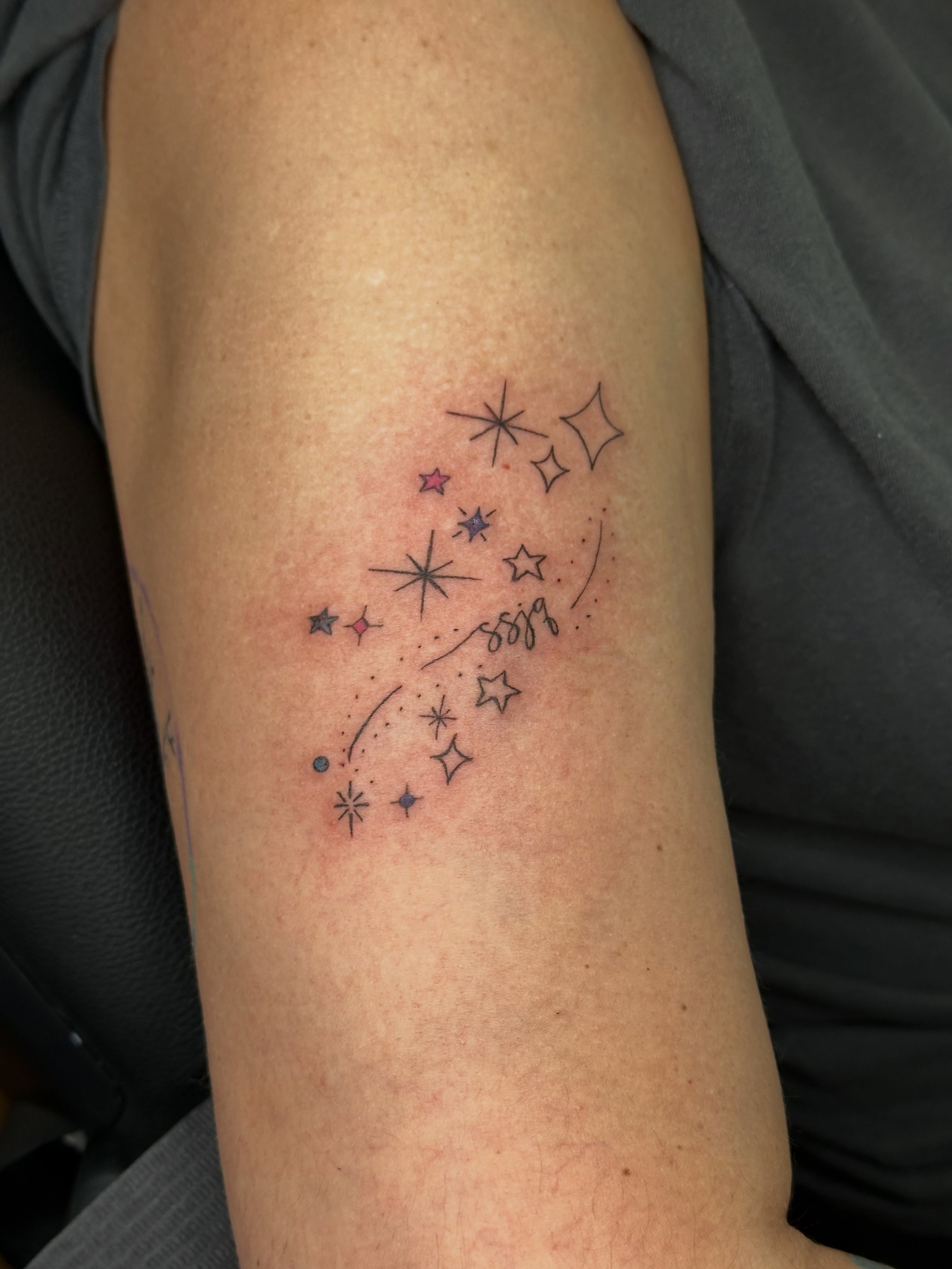 Stars and shooting star dotwork tattoo on the forearm by Liz