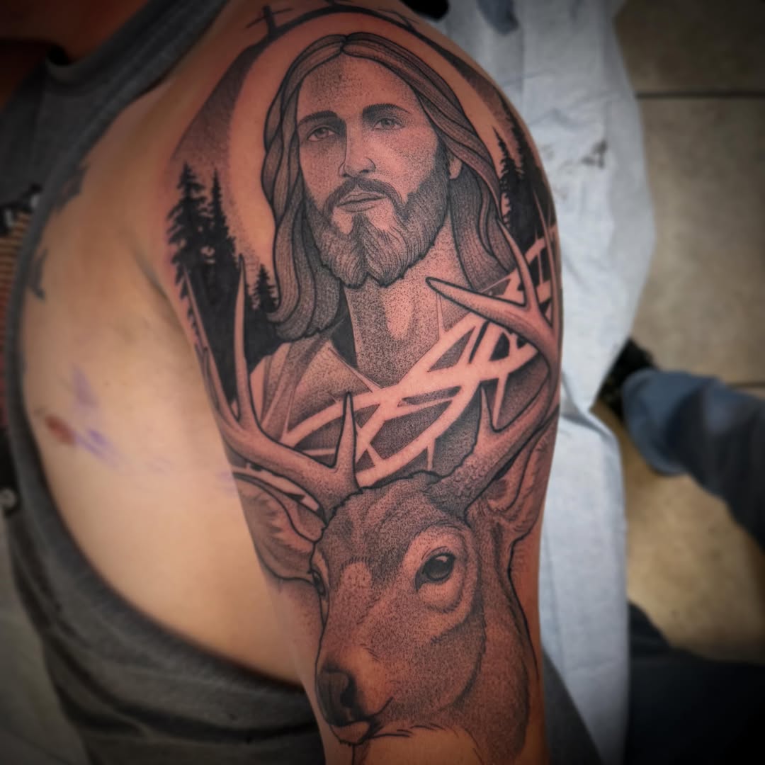 Religious figure with deer dotwork tattoo on the shoulder by ☠Tanner Peterson☠, Knoxville, Iowa