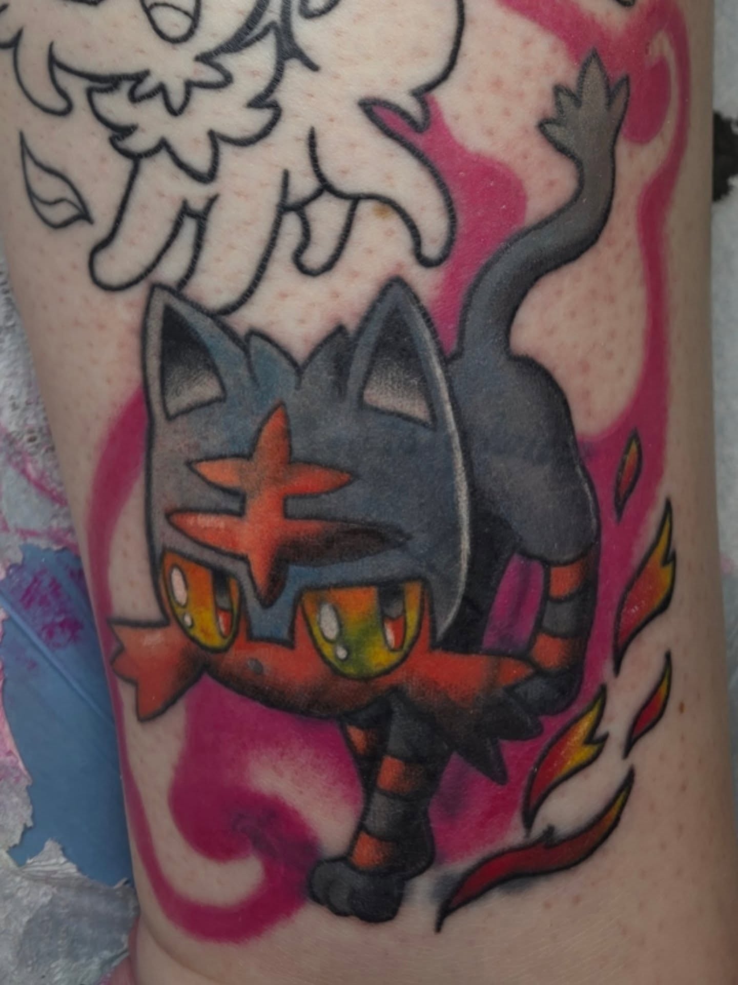 Cat American traditional tattoo on the forearm by Kayla Williams