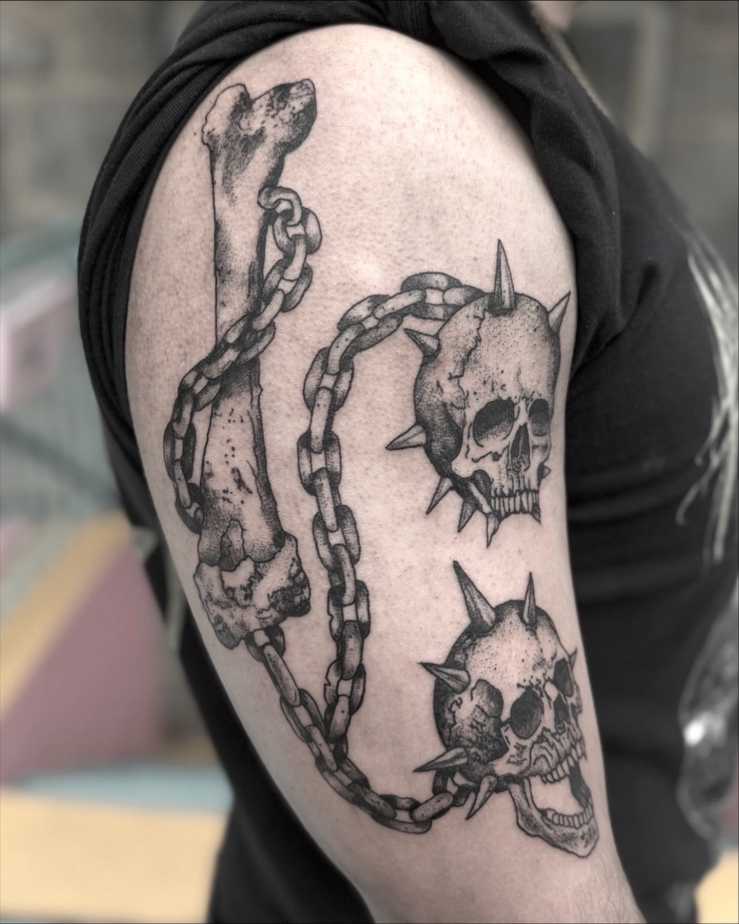 Skulls and chains realism tattoo on the shoulder by Tattoo Artist, Philadelphia, Pennsylvania