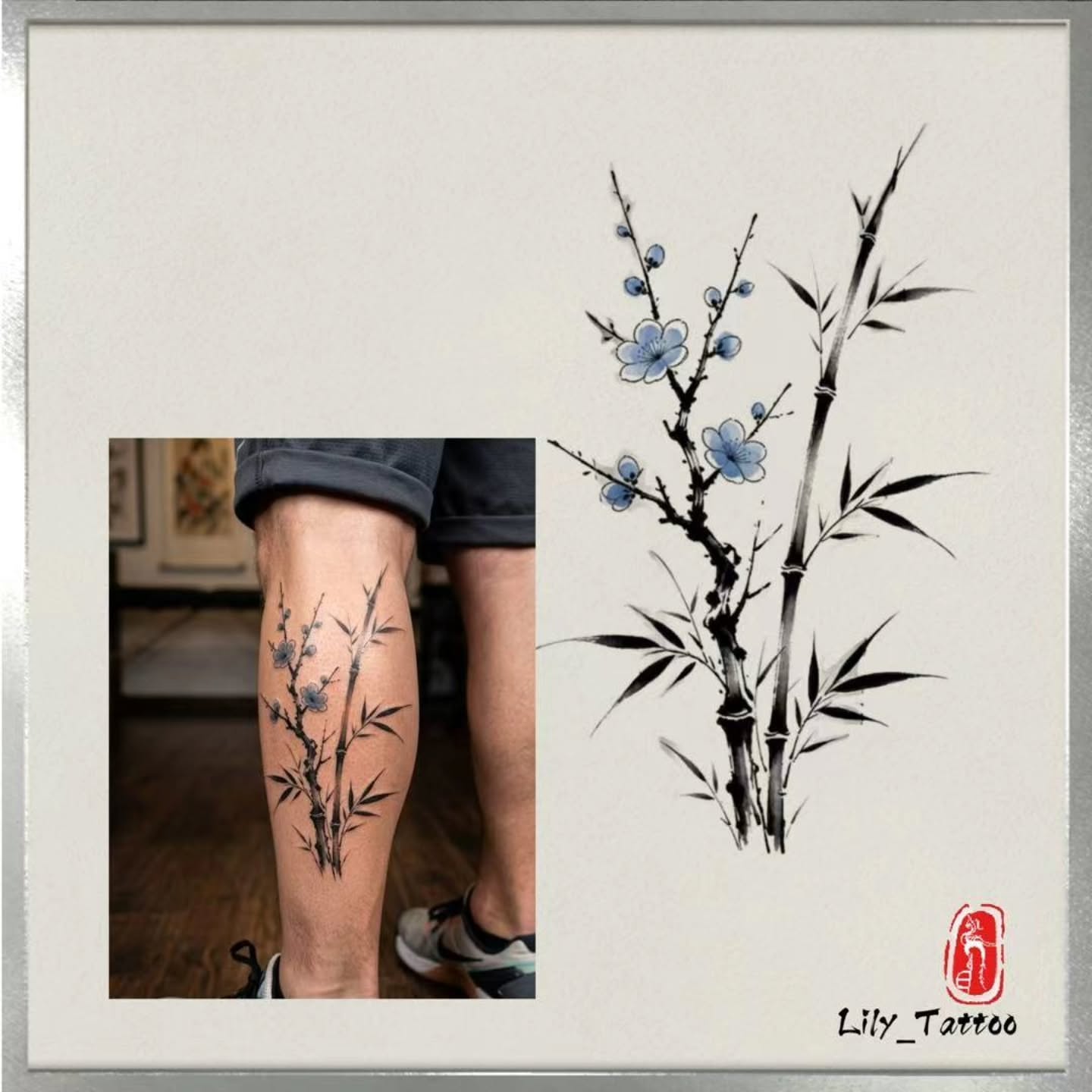 Bamboo and blossoms black and grey tattoo on the leg by Lili Gu