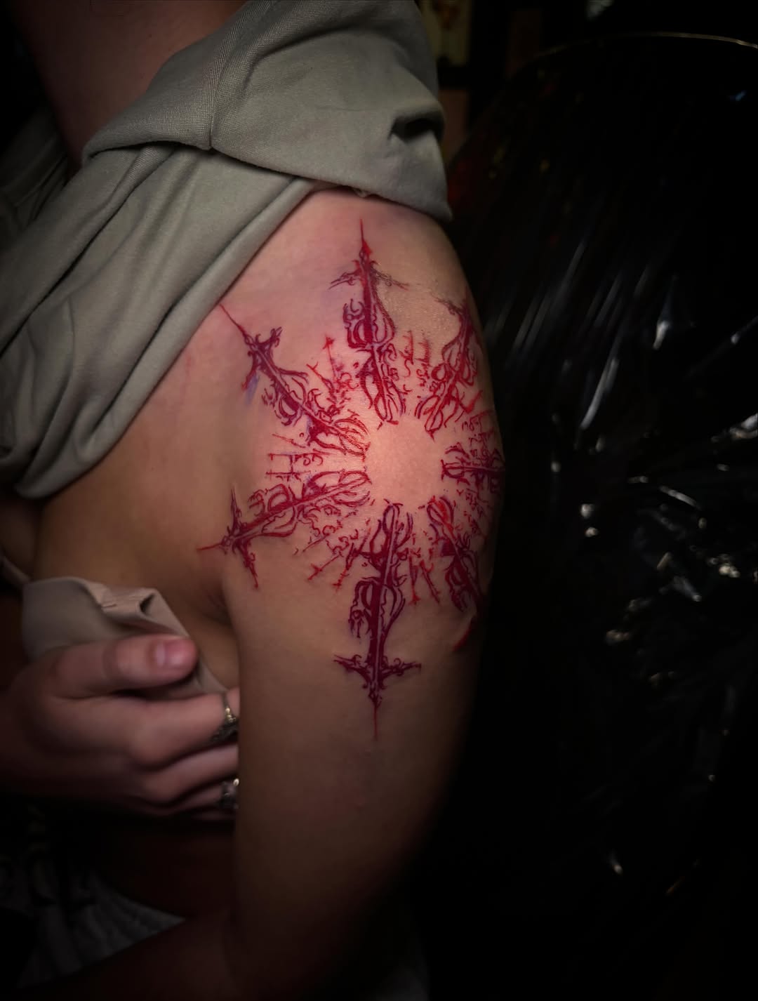 Ornamental abstract design cyber sigilism tattoo on the shoulder by Haley Byers
