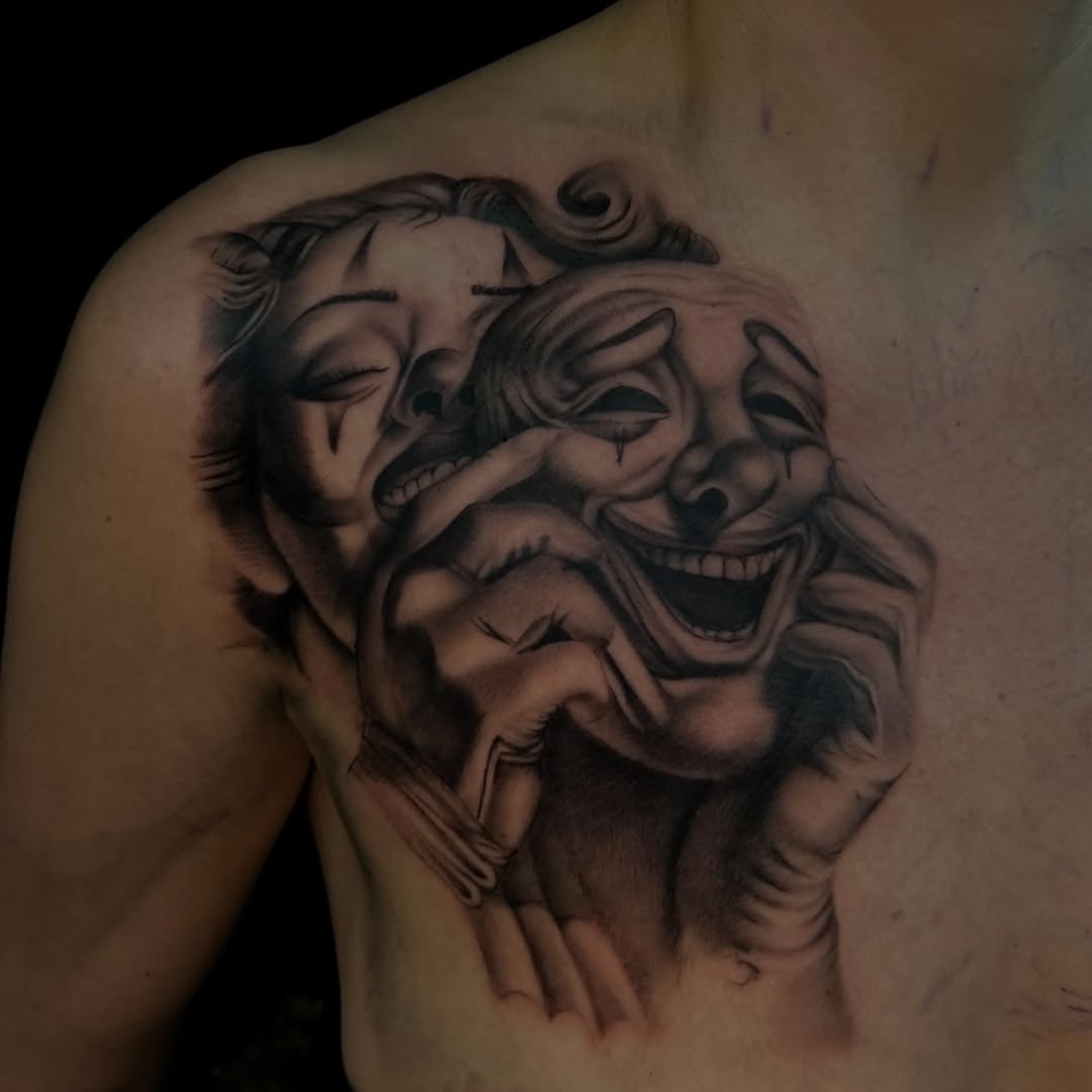 Comedy and tragedy masks realism tattoo on the chest by ᴅᴀʟʟᴀꜱ ᴛᴀᴛᴛᴏᴏ ᴀʀᴛɪꜱᴛ