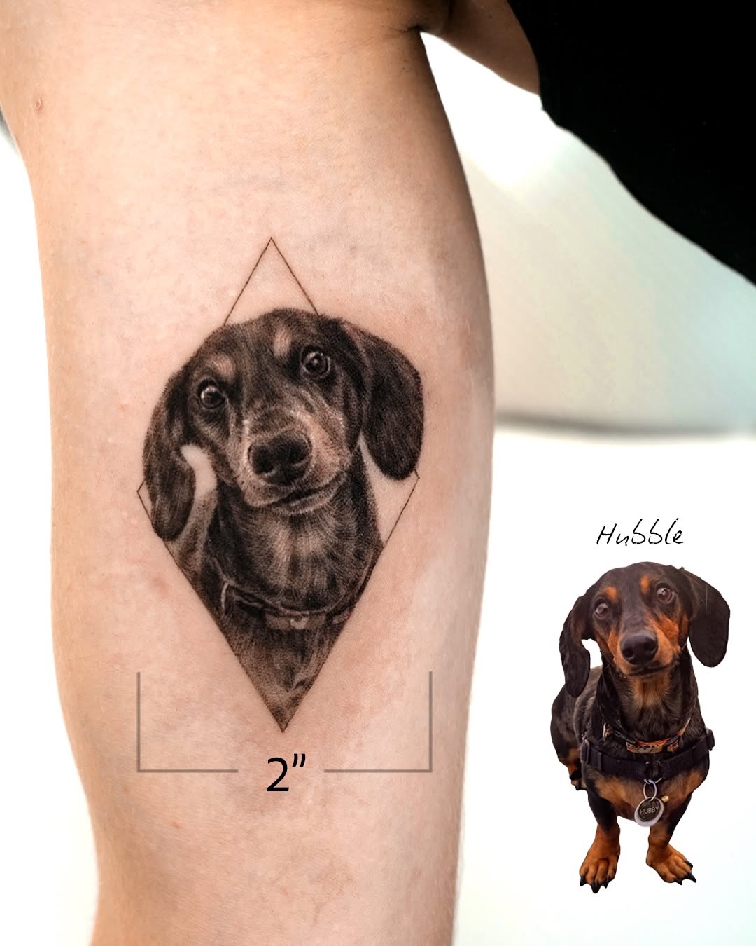 Dachshund portrait realism tattoo on the thigh by Ria Kim 김리아