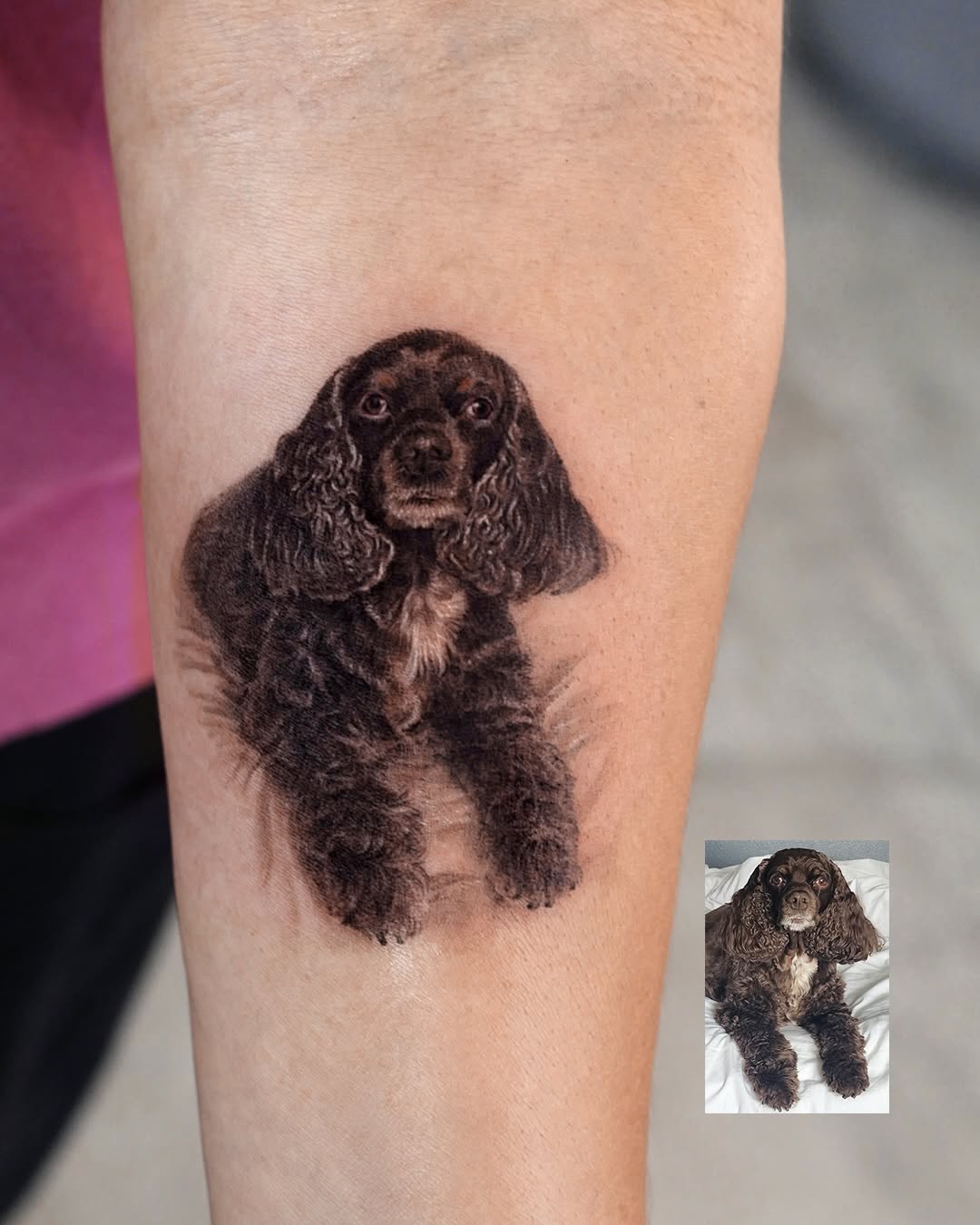 Dog portrait realism tattoo on the forearm by Ria Kim 김리아