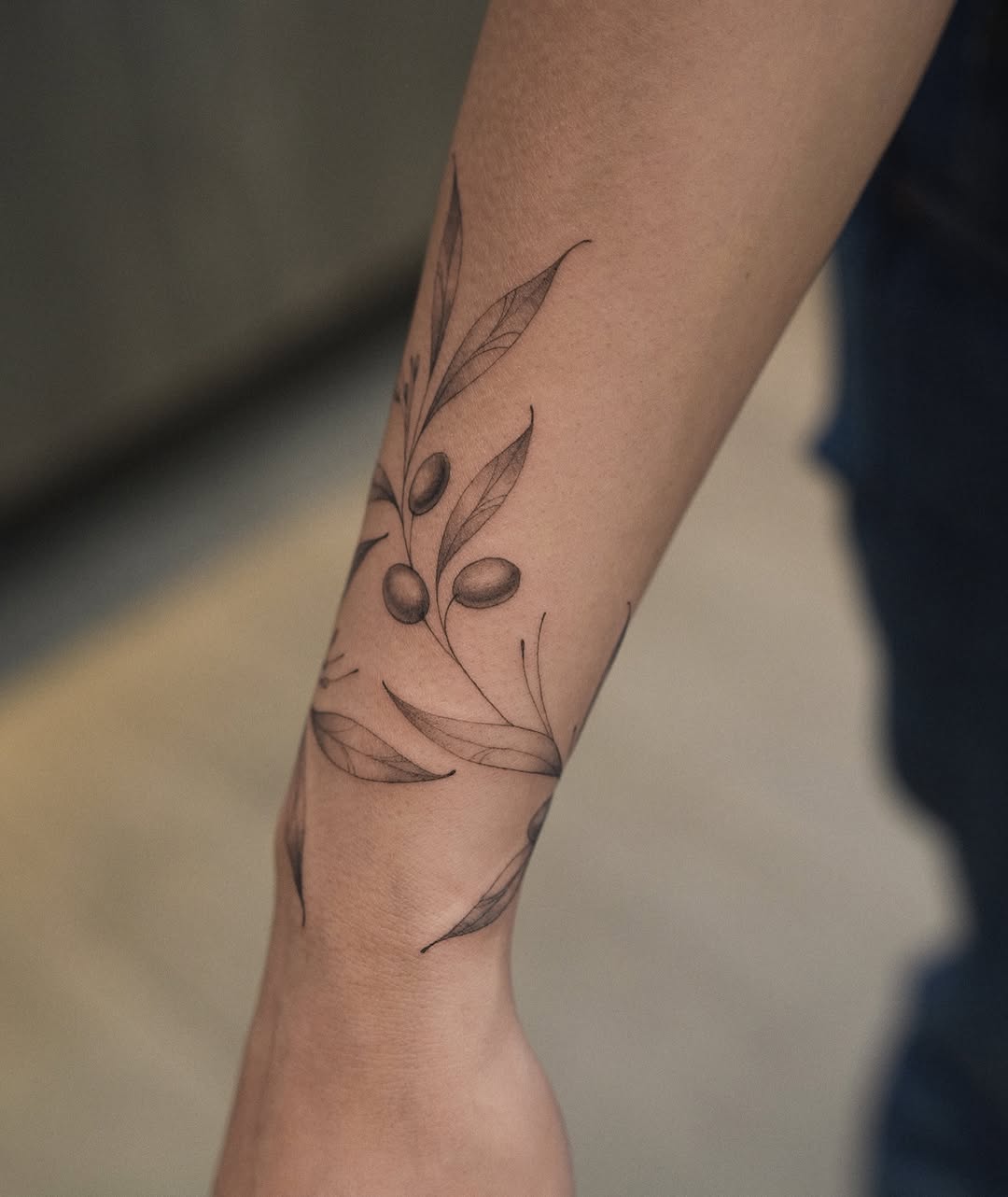 Olive branch fine line tattoo on the forearm by Helly March