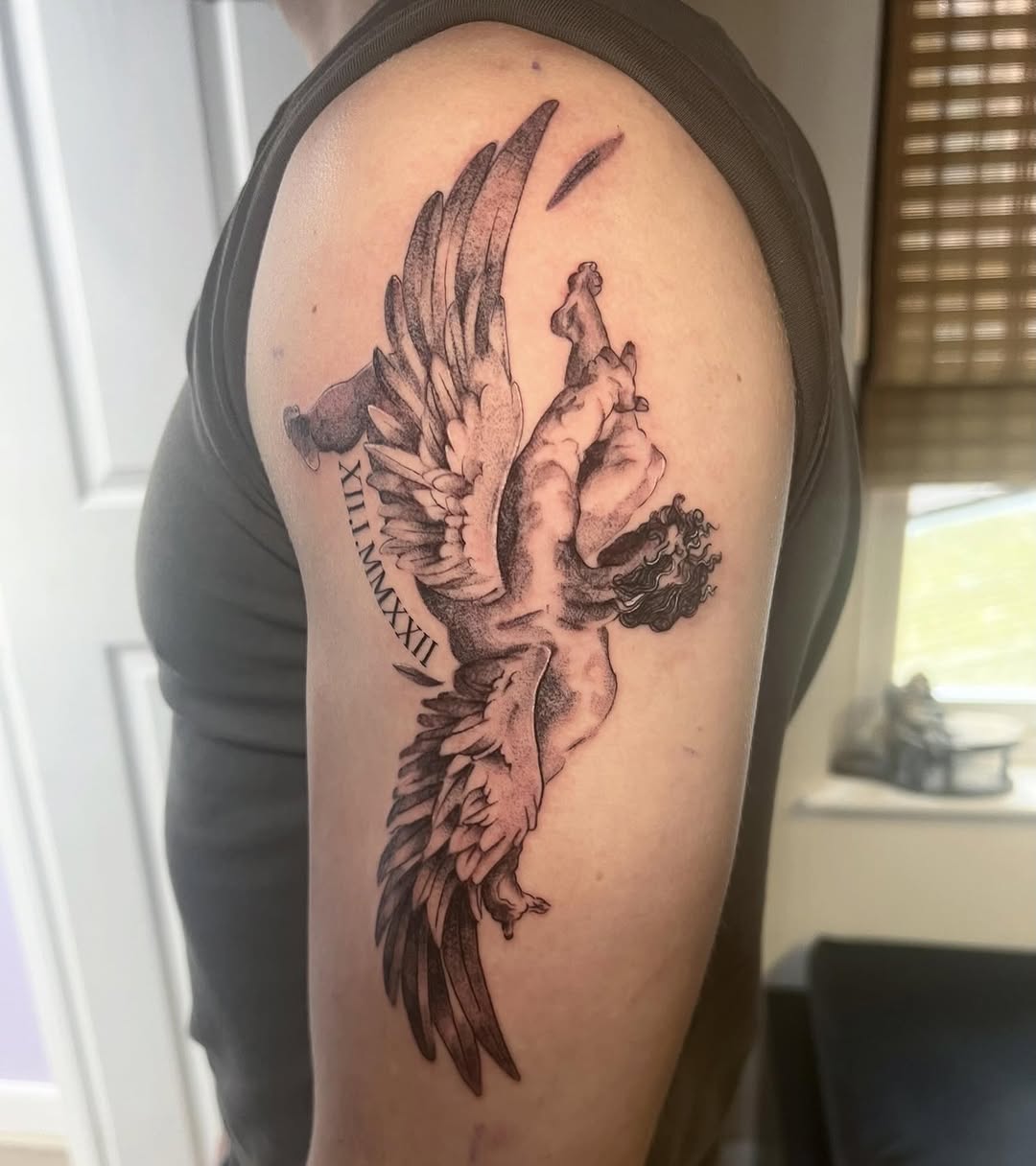 Angel with wings realism tattoo on the shoulder by elly, Oakham