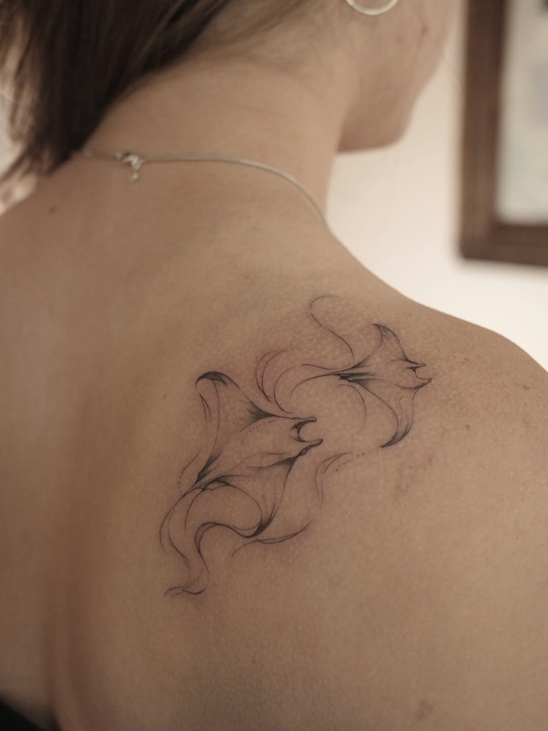 Manta rays fine line tattoo on the shoulder by It’s ya girl, KB