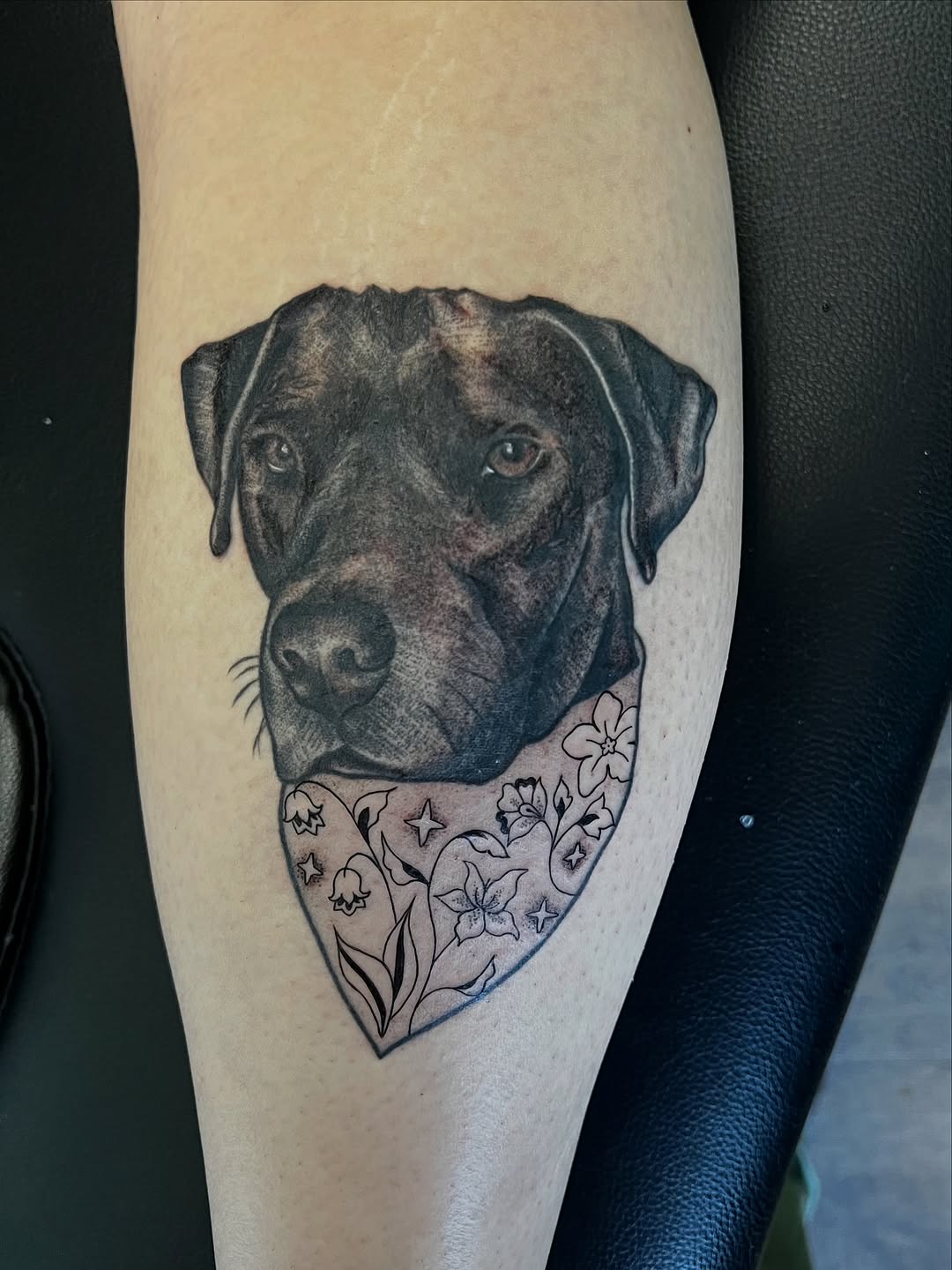 Dog portrait with bandana realism tattoo on the forearm by Cortnie, Nashville, Tennessee