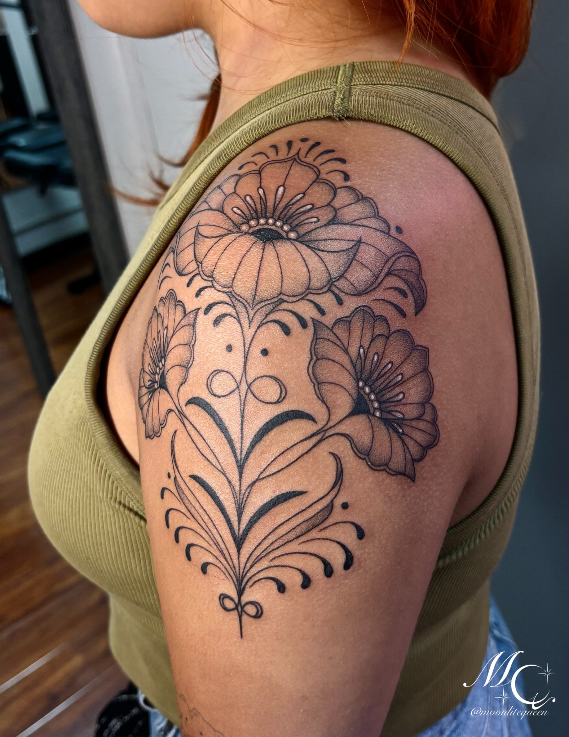 Tattoo by @moonlitequeentattooist — black_and_grey