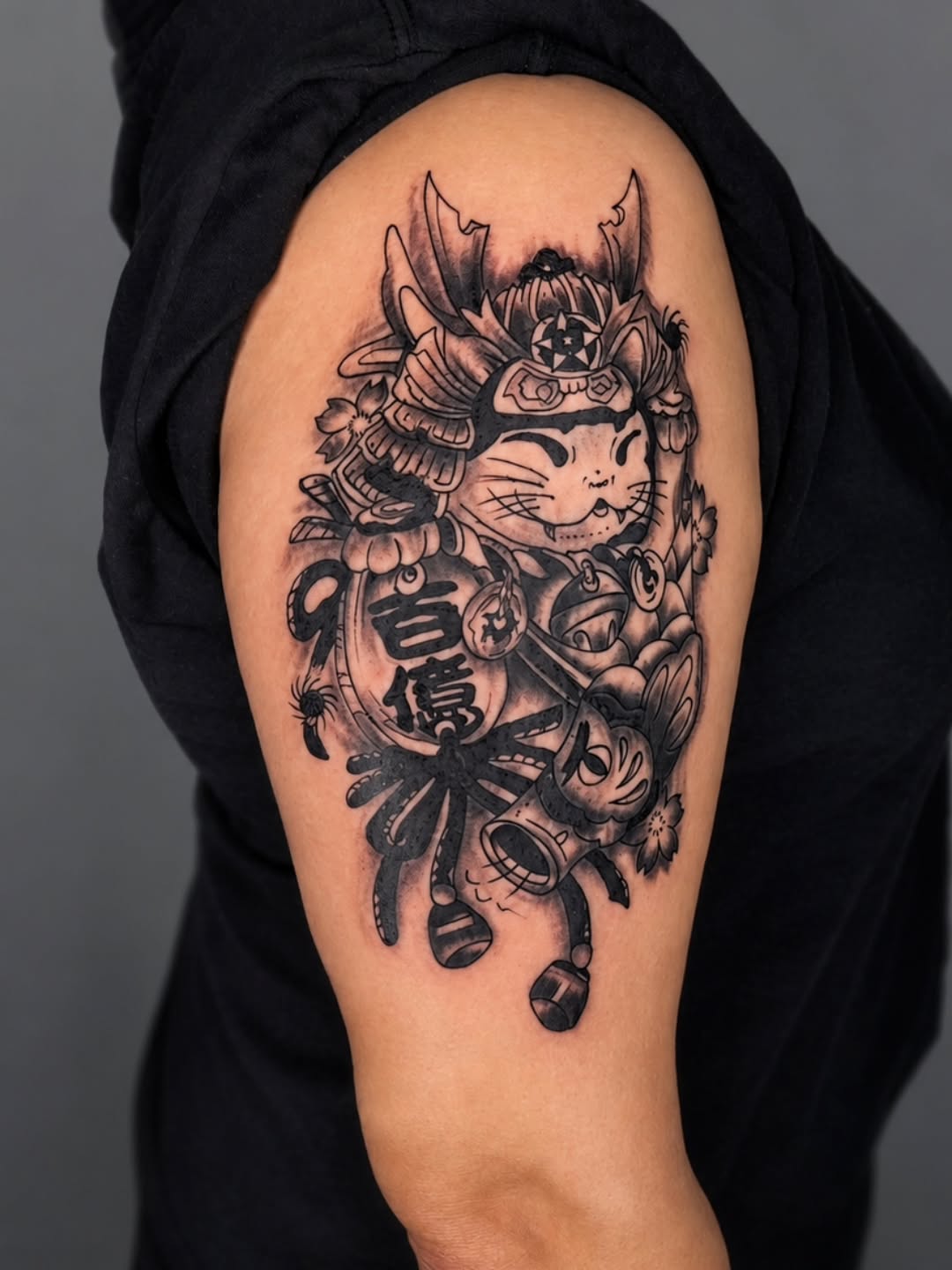 Samurai cat realism tattoo on the shoulder by Kai_Tattoo