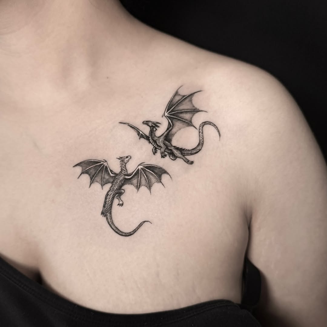 Two dragons blackwork tattoo on the shoulder by Alex Cantor