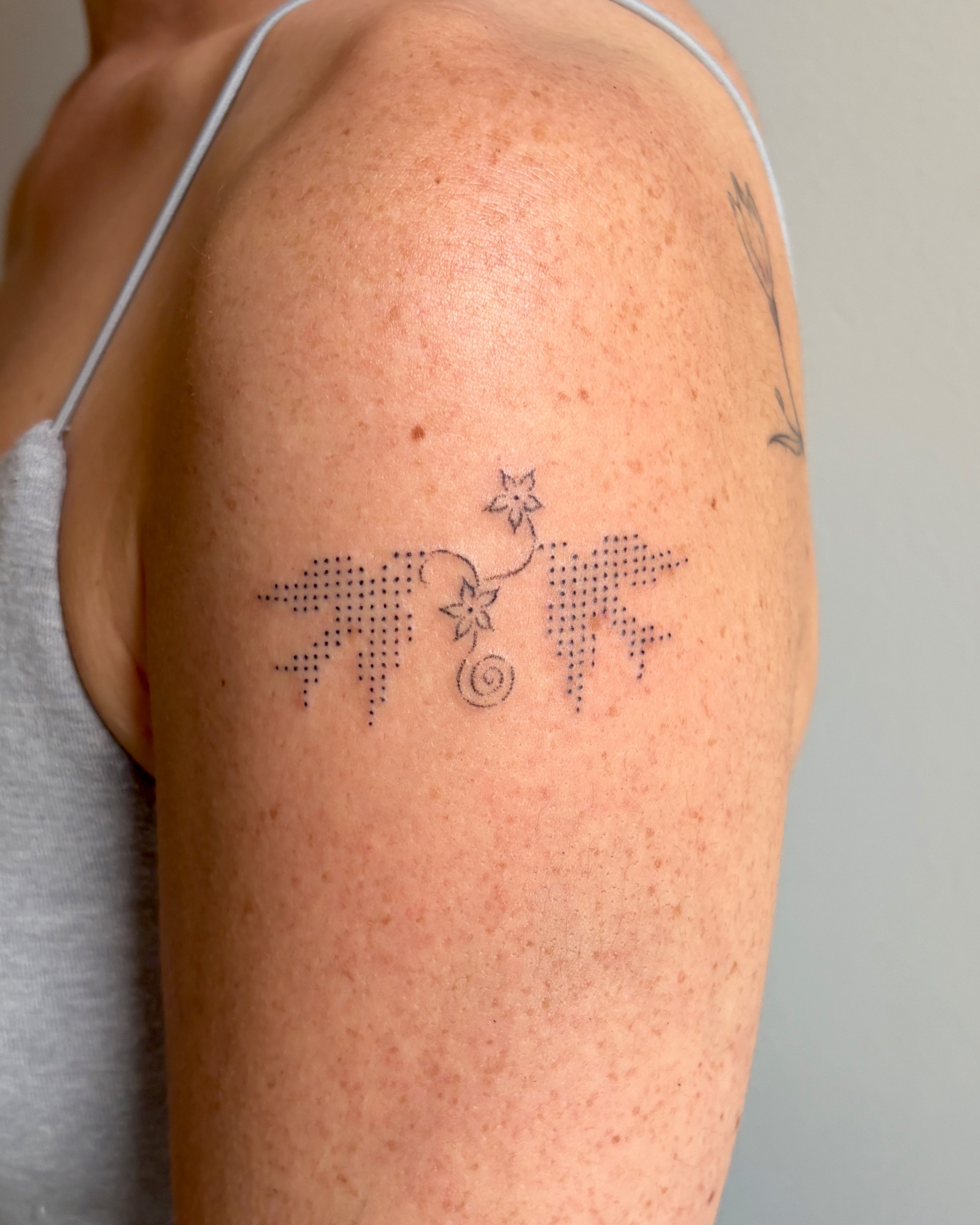 World map dotwork tattoo on the upper arm by alli ミ☆