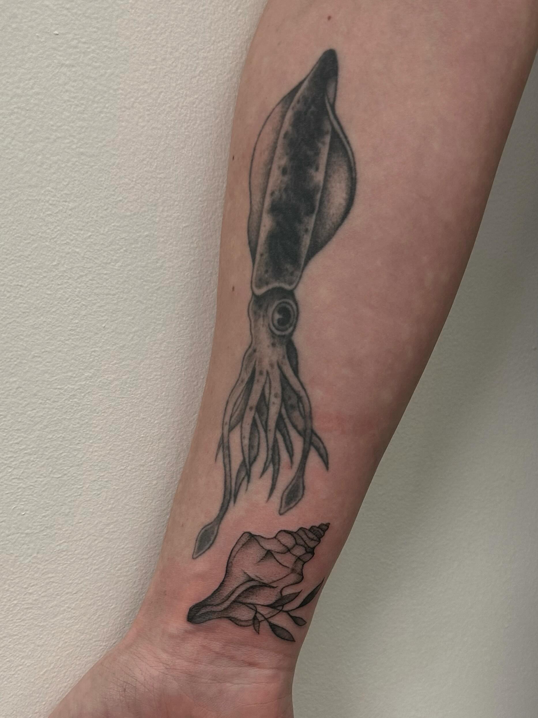 Tattoo by @shroomgrrrl — black_and_grey
