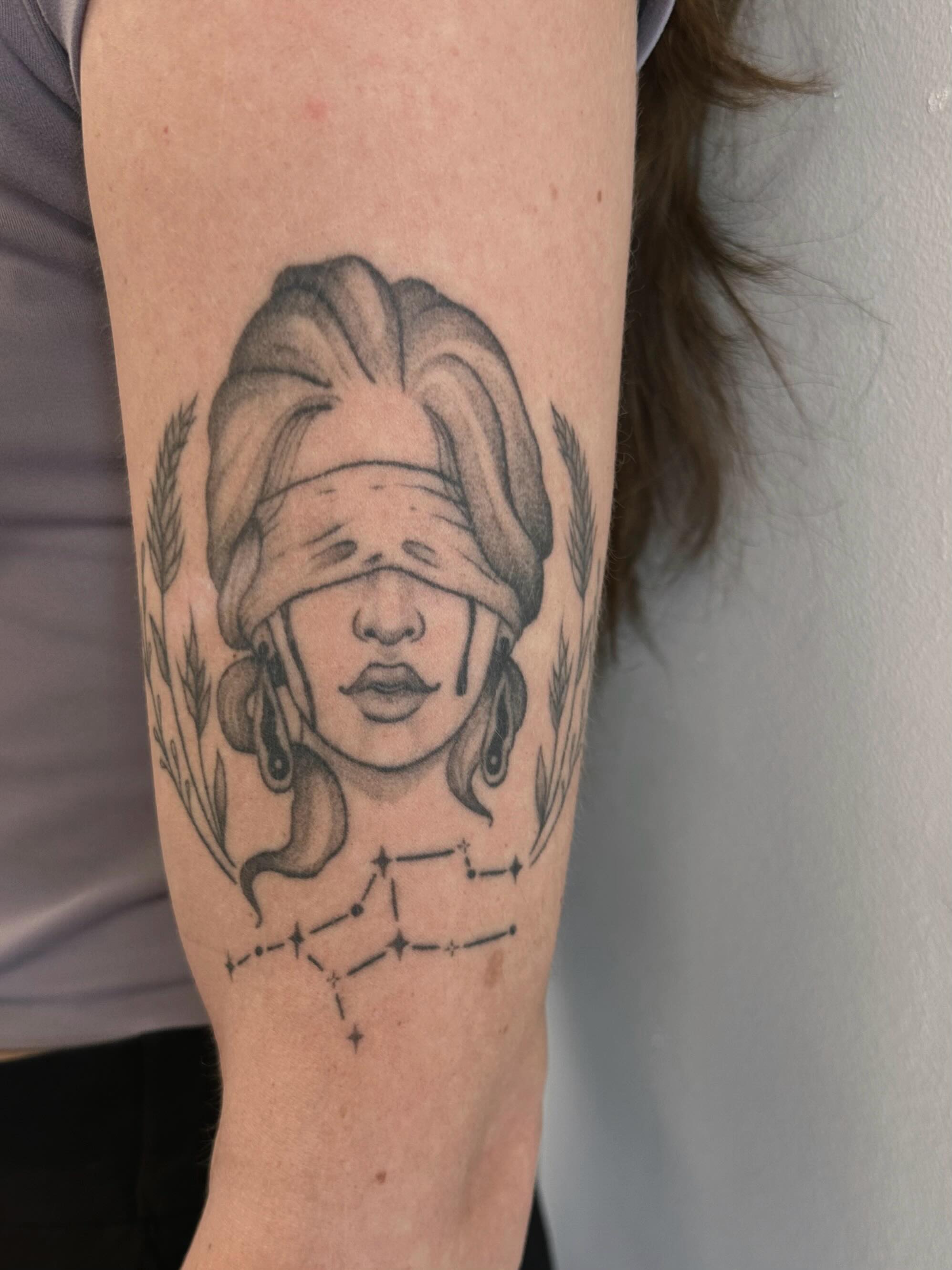 Tattoo by @shroomgrrrl — black_and_grey, realism