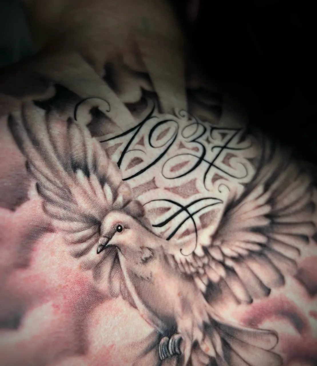 Dove and calligraphy realism tattoo on the chest by Blot_Tattoo