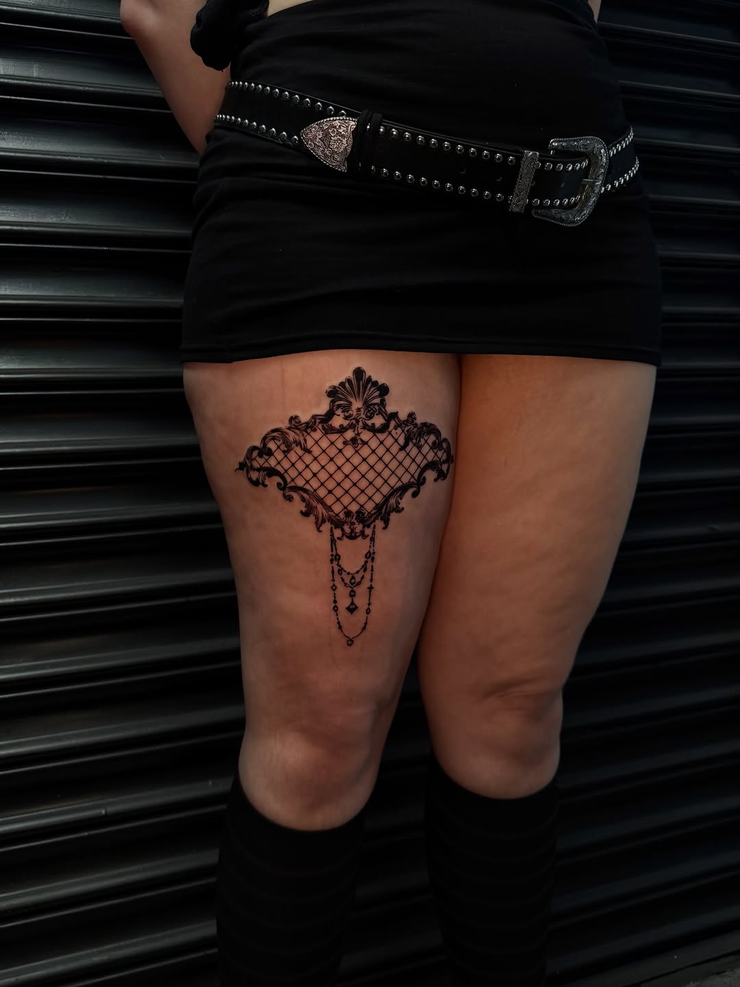 Ornate lace and beaded necklace ornamental tattoo on the thigh by ༺♡༻ Melia’s Dolls ༺♡༻