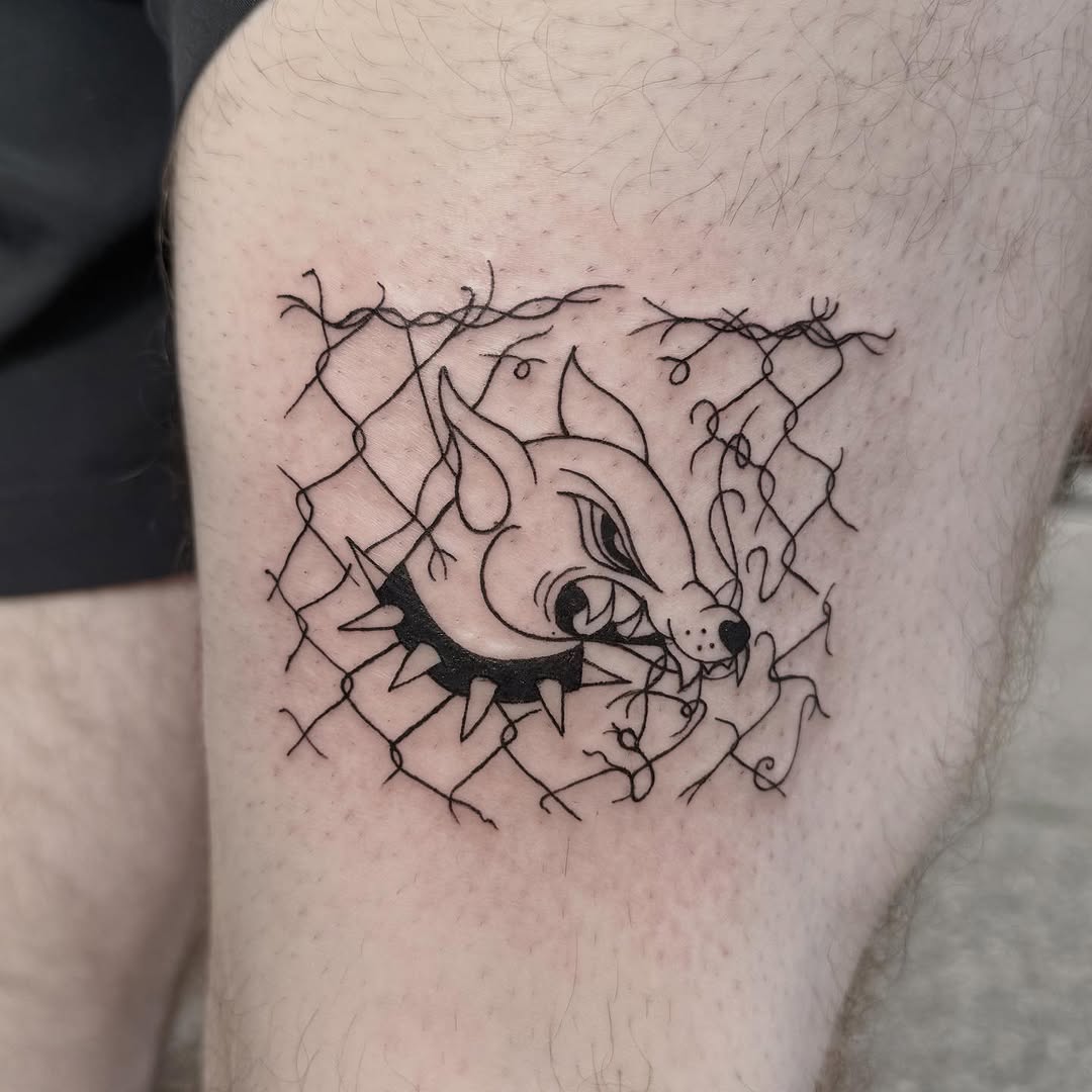 Dog head breaking through fence blackwork tattoo on the thigh by house0fsleep 💤