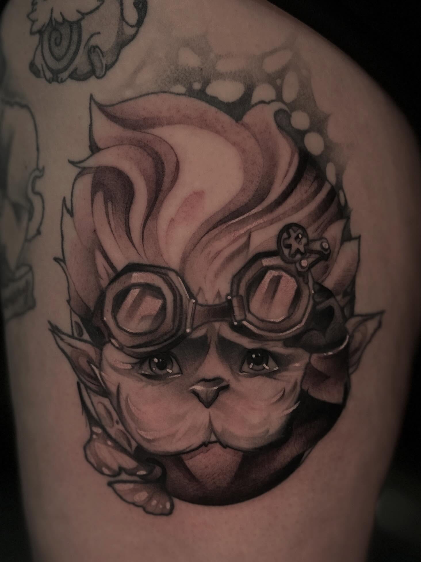 Cat wearing goggles realism tattoo on the shoulder by Mattison Fire 🔥Tallahassee Tattoo Artist