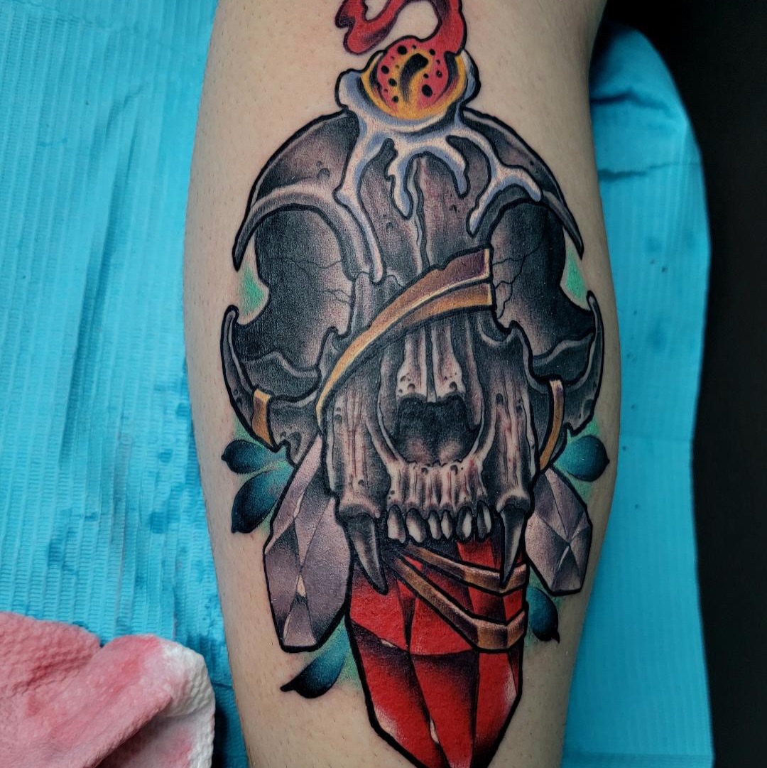 Tattoo by @splitdoeswork — american_traditional, dark_realism