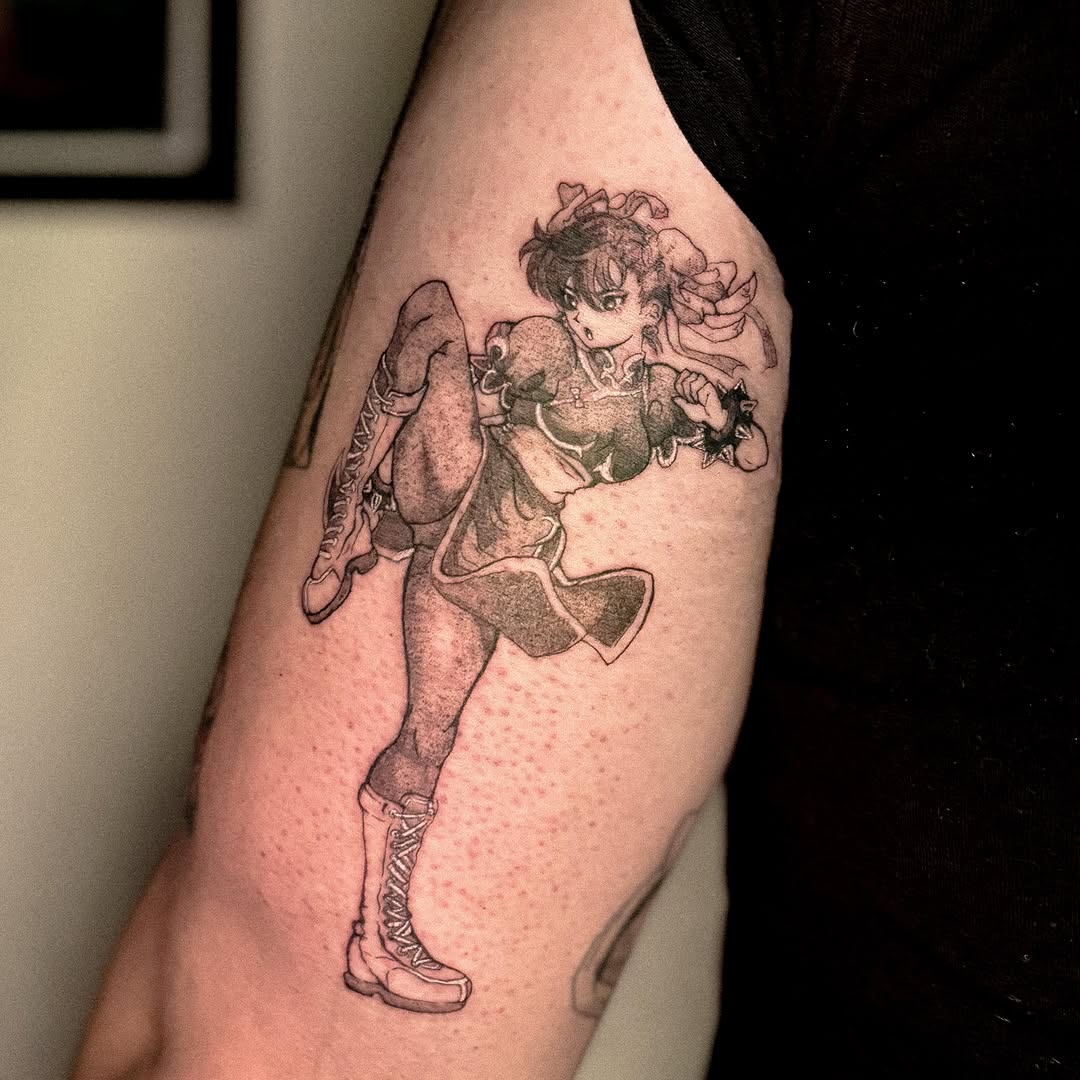 Tattoo by @jojotattooo — anime, black_and_grey
