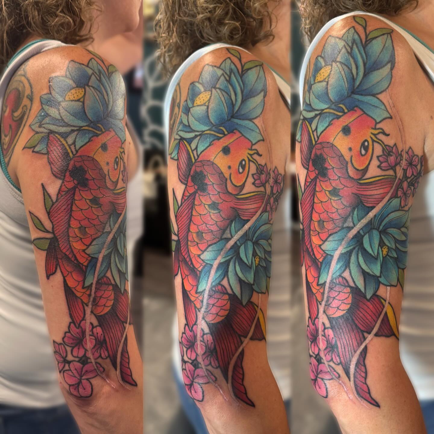 Koi fish and lotus flowers japanese irezumi tattoo on the upper arm by Kelsey 🖤 Tattoo Artist, Waterford Township