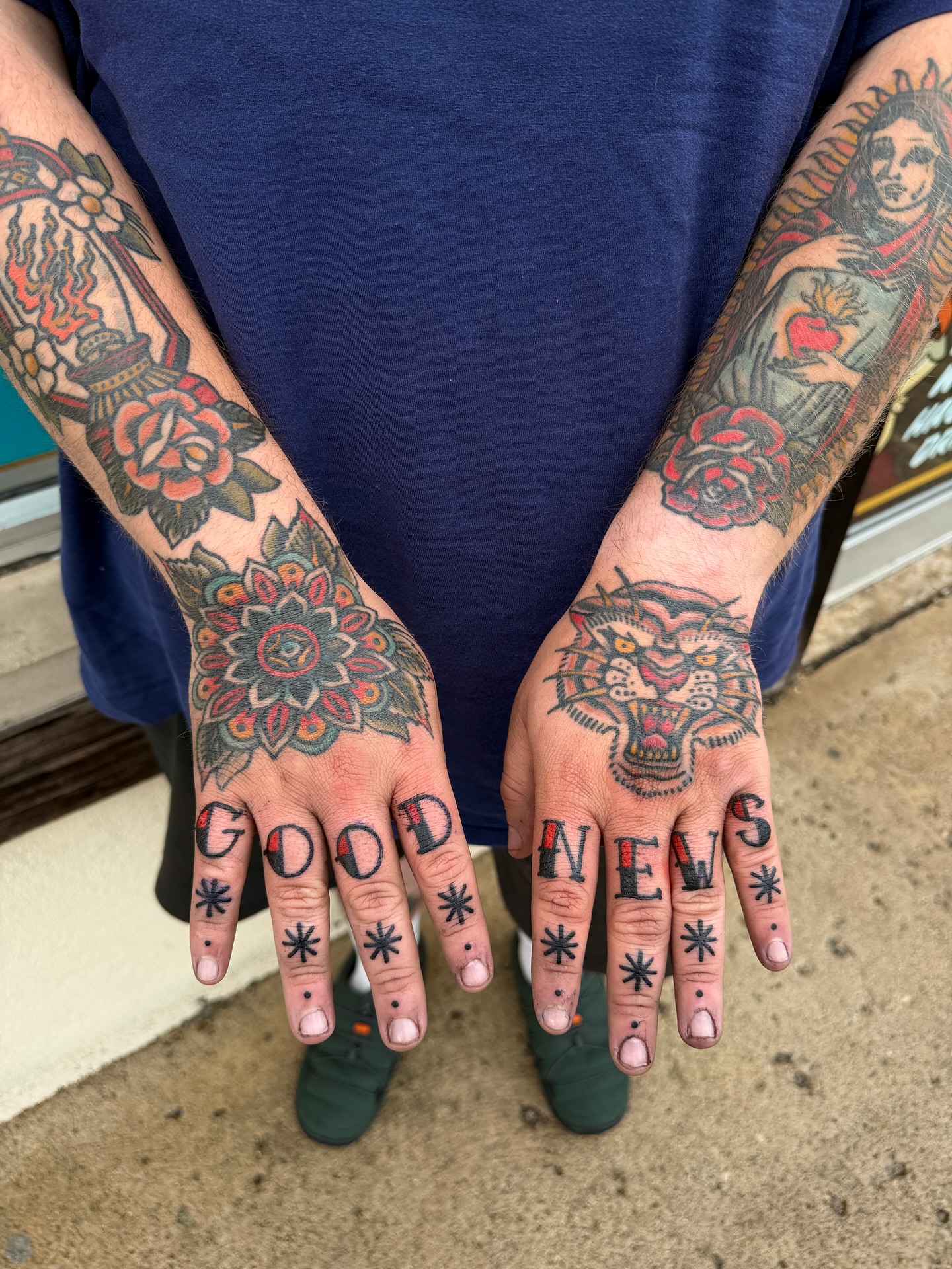 Good news American traditional tattoo on the hand by Patrick Miller, Huber Heights, Ohio
