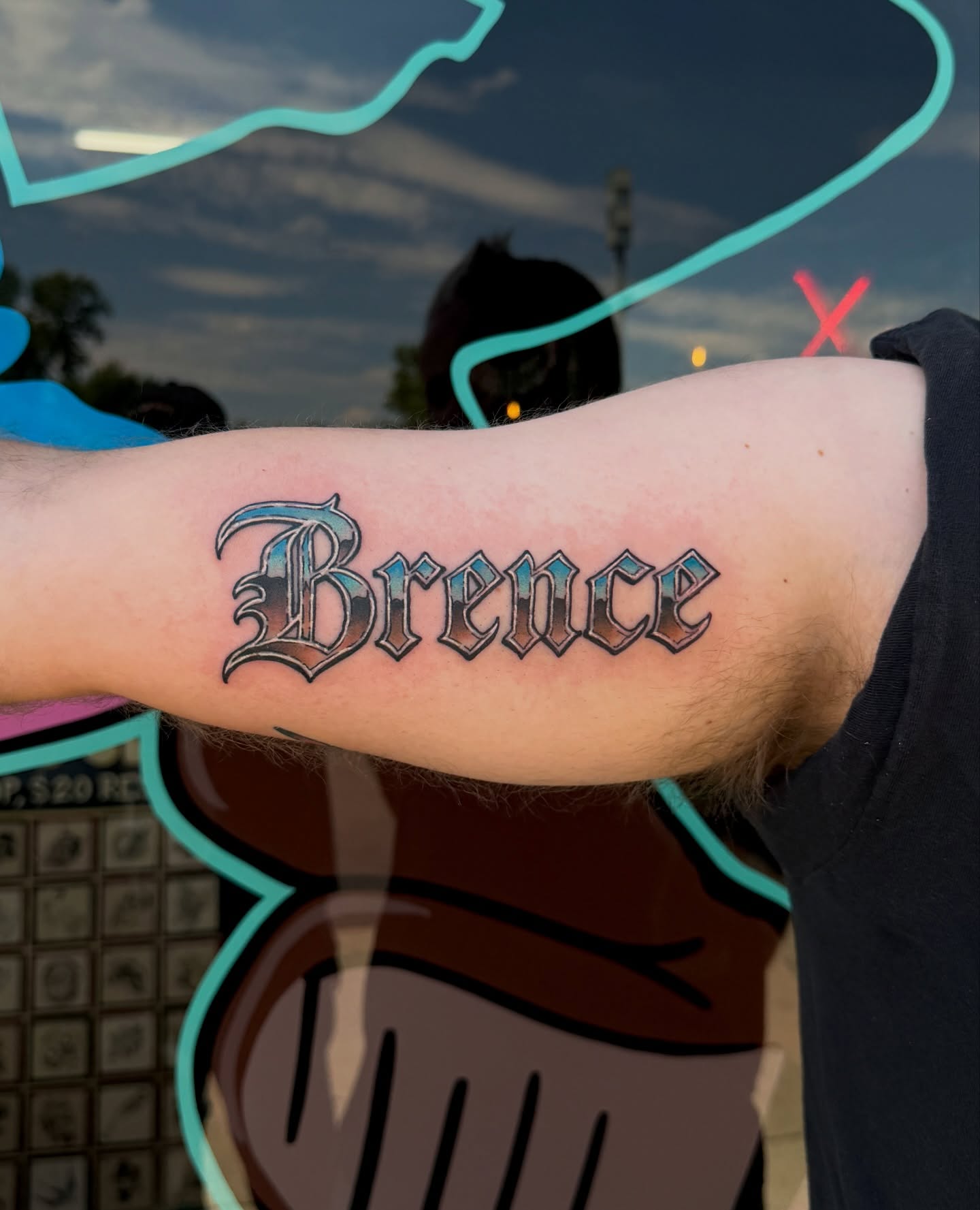 Brence lettering script tattoo on the forearm by Patrick Miller, Huber Heights, Ohio