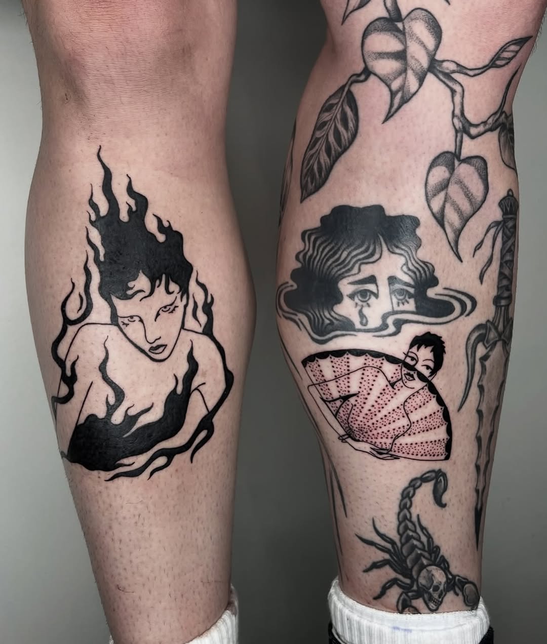Woman with flames cyber sigilism tattoo on the forearm by Elleree (LRE)