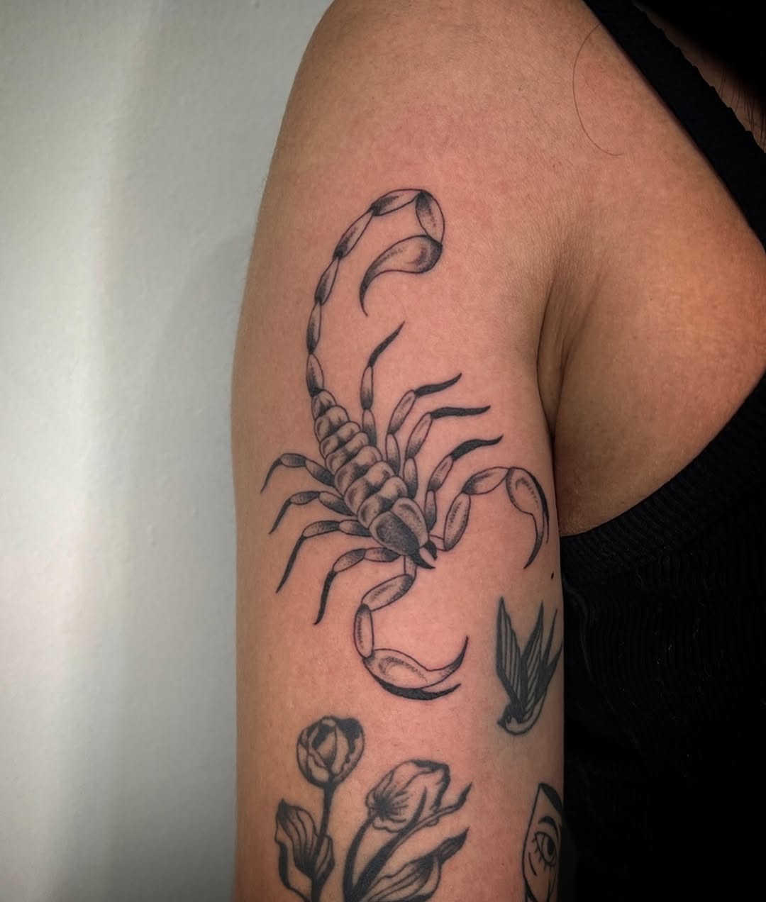 Scorpion fine line tattoo on the forearm by Elleree (LRE)