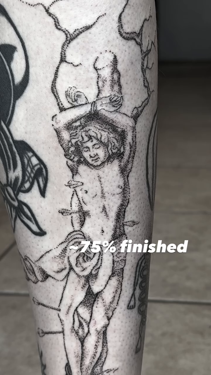 Figure bound to a cracked tree sketch tattoo on the leg by πΏππΌππ πππππππ
