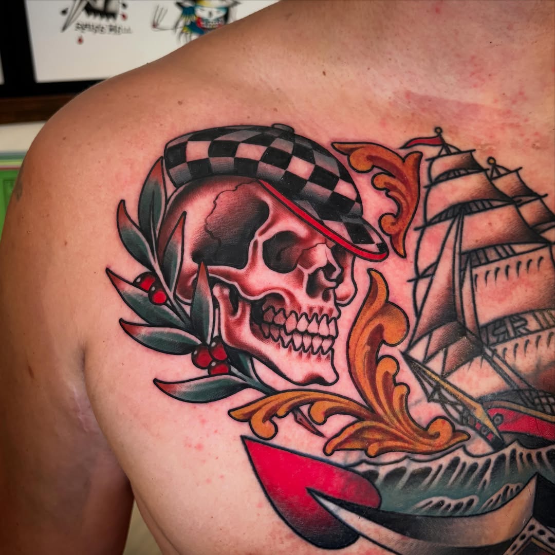 Pirate skull and ship American traditional tattoo on the shoulder by ๐ป๐๐๐ ๐ณ๐๐๐๐๐๐ ๐๐๐