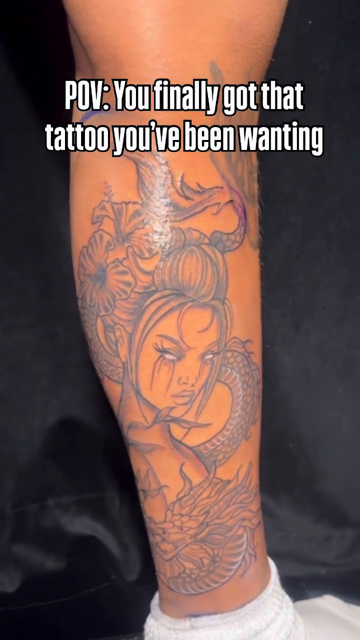 Woman with snake Chicano tattoo on the leg by SpicyMvstardInkk