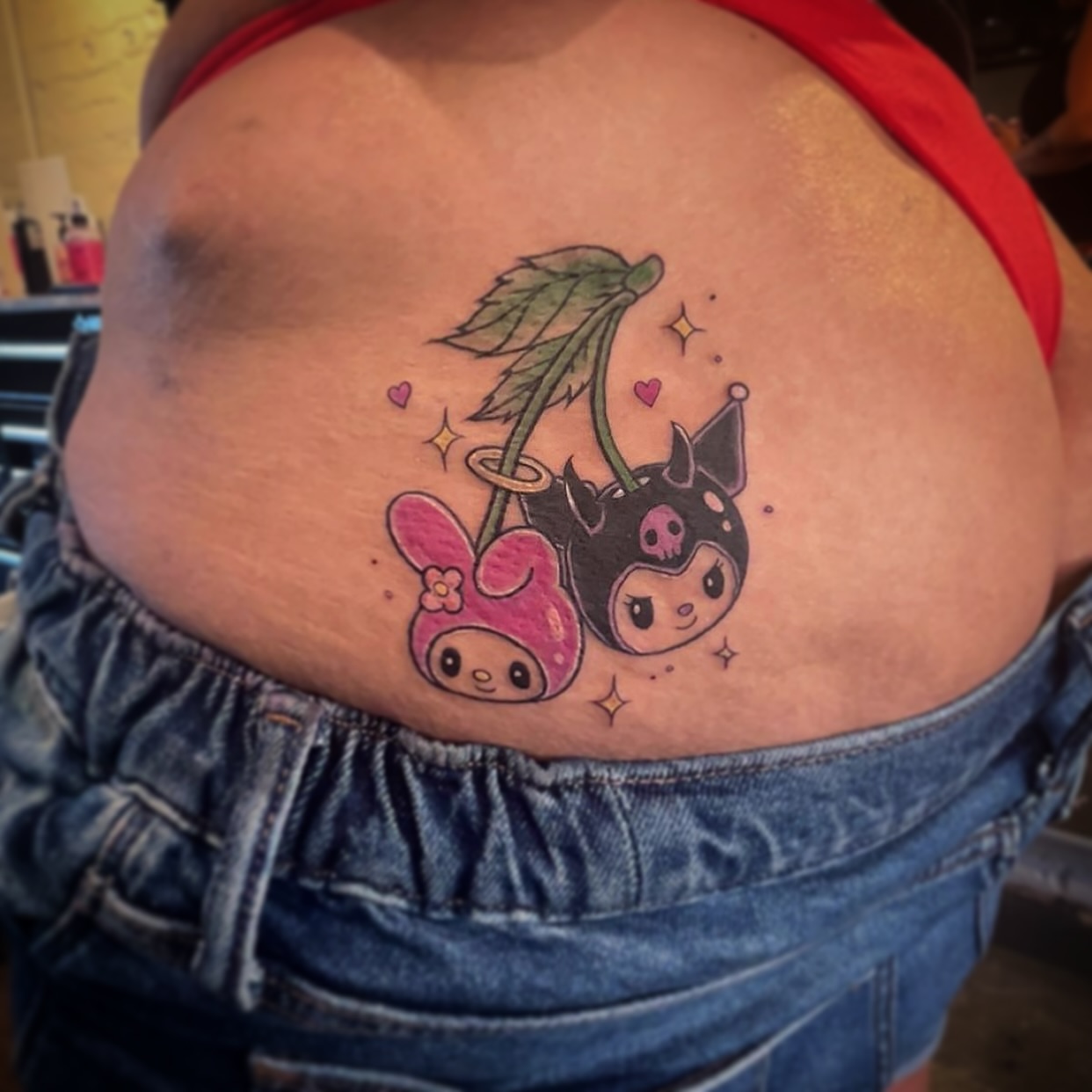 Twin characters dotwork tattoo by Elle Miller