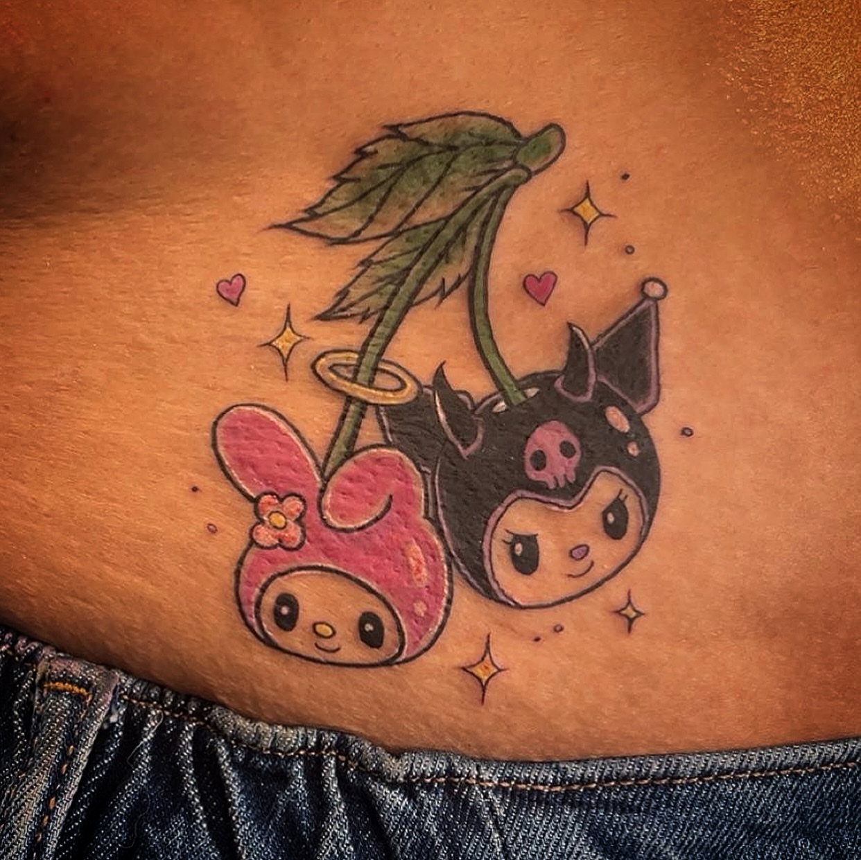 My melody and chibi chara anime tattoo on the thigh by Elle Miller