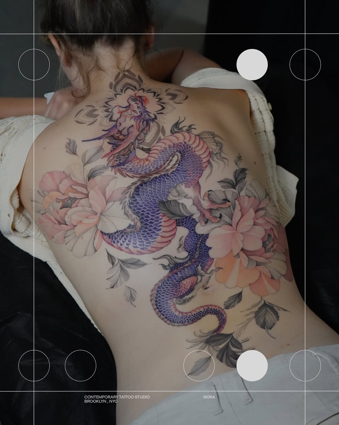 Dragon and peonies watercolor tattoo on the back by Flower Tattoo Sf