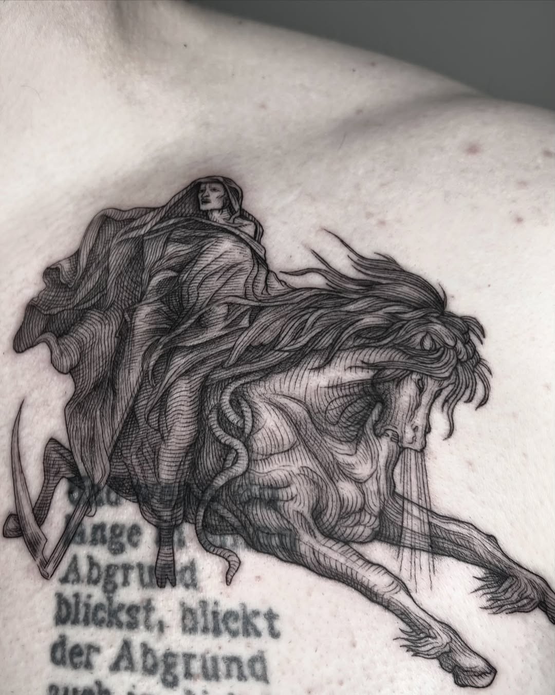 Dark art tattoo on the shoulder by Jorge Nox