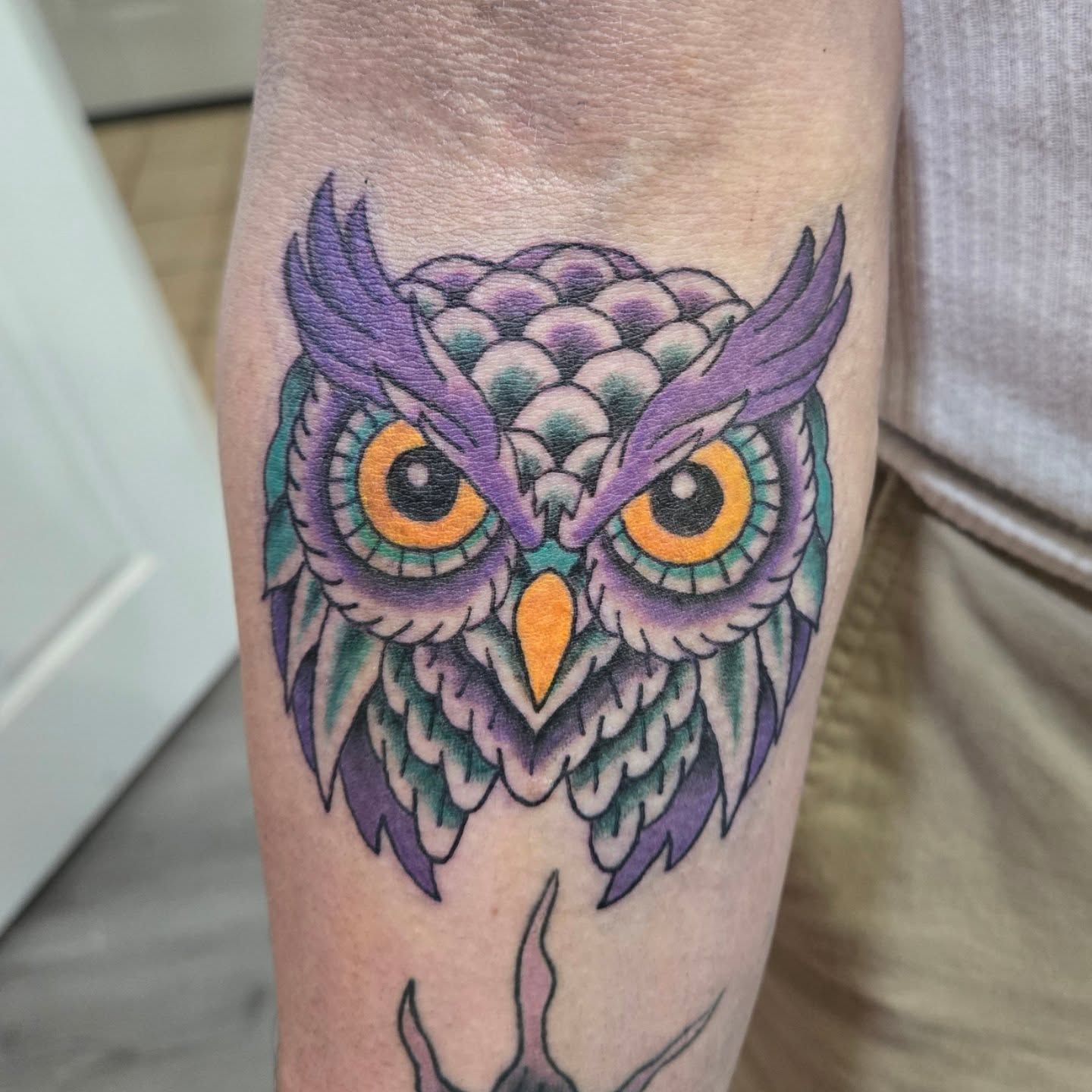 Owl American traditional tattoo on the forearm by Matt Page