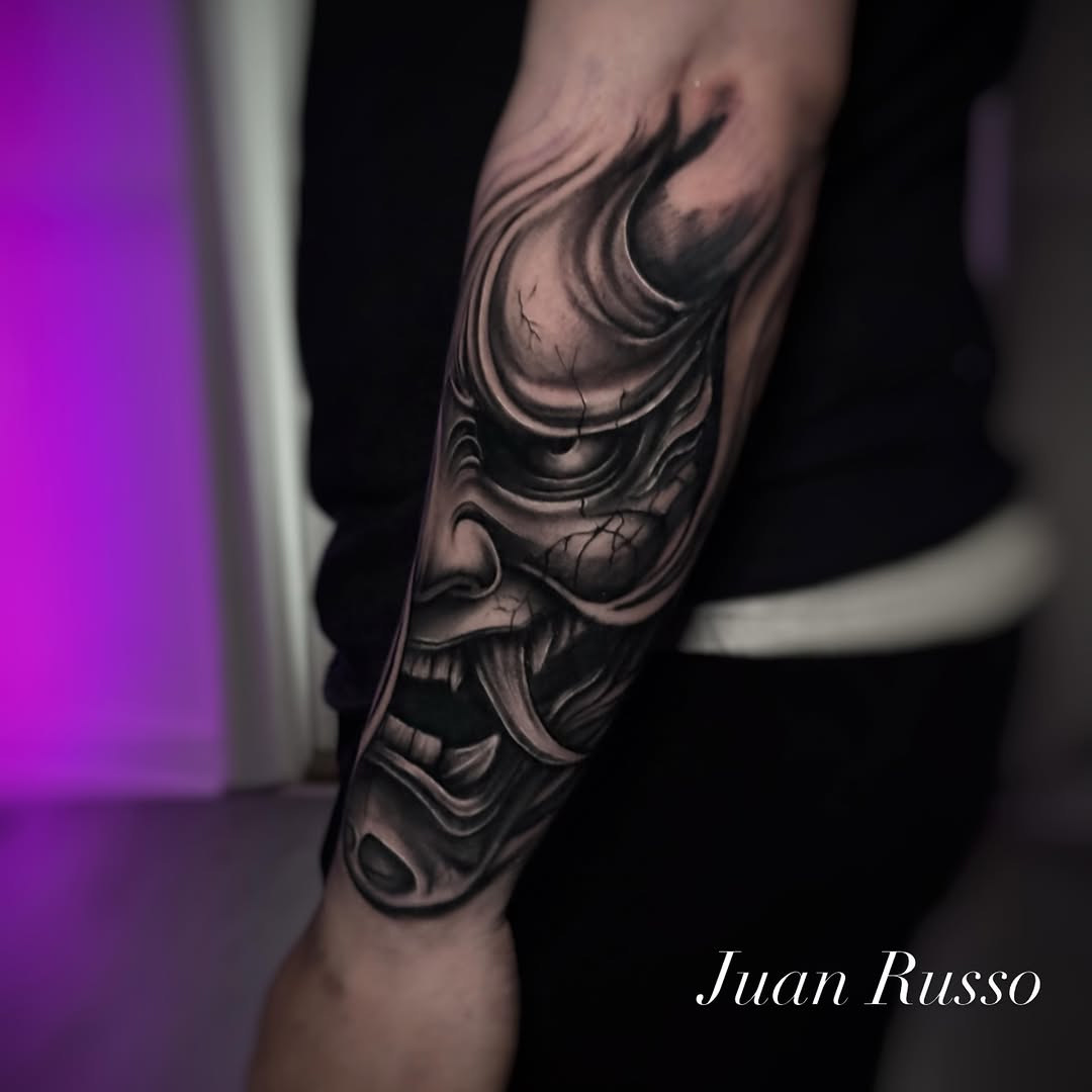 Oni mask Japanese tattoo on the forearm by Juan Russo