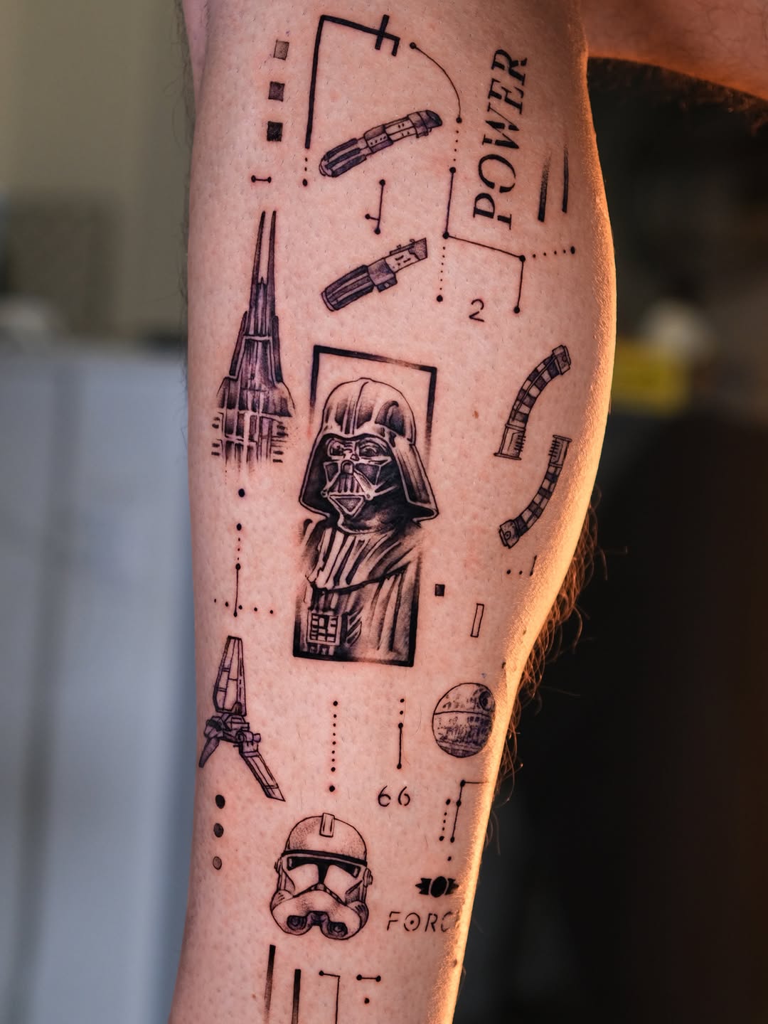 Star Wars collage geometric tattoo on the forearm by Tattoo Miami π