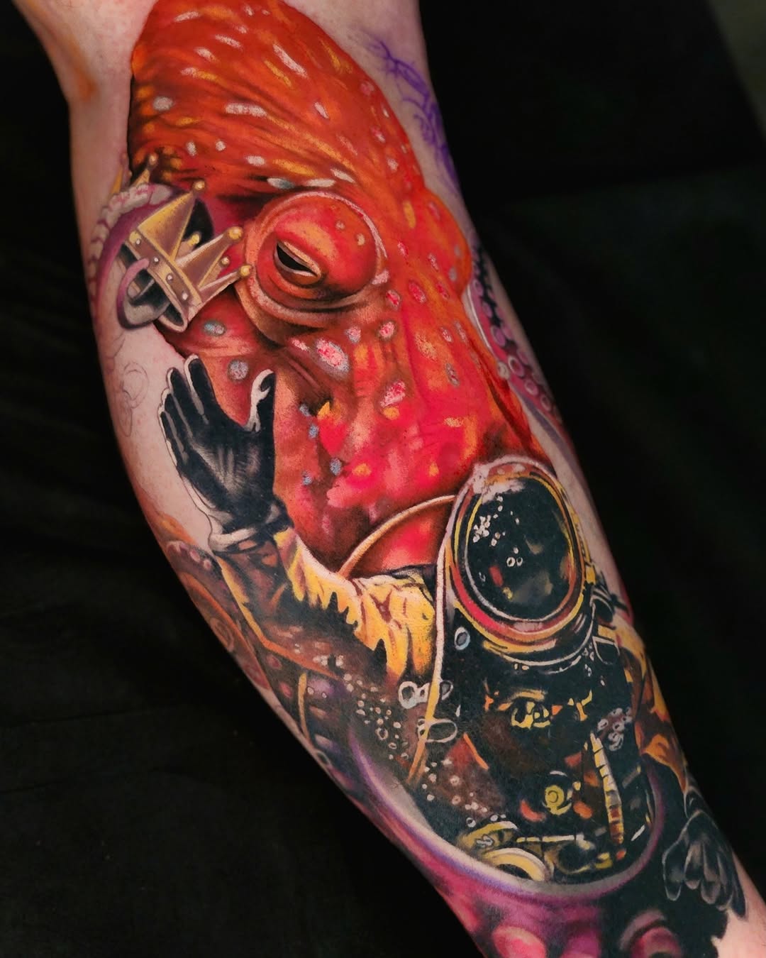 Octopus and astronaut surrealism tattoo on the forearm by Su Kang