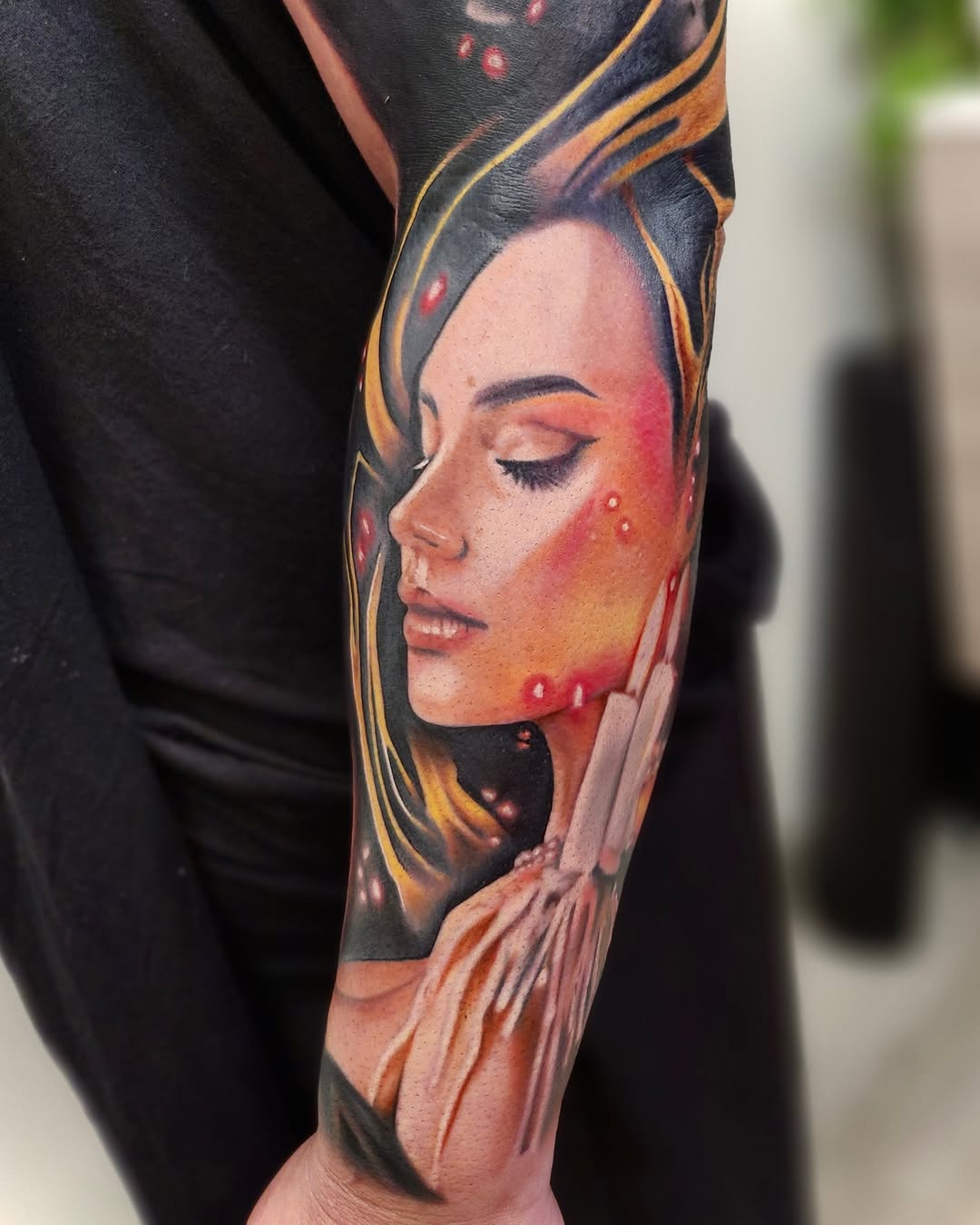 Portrait of a woman neo-traditional tattoo on the forearm by Su Kang