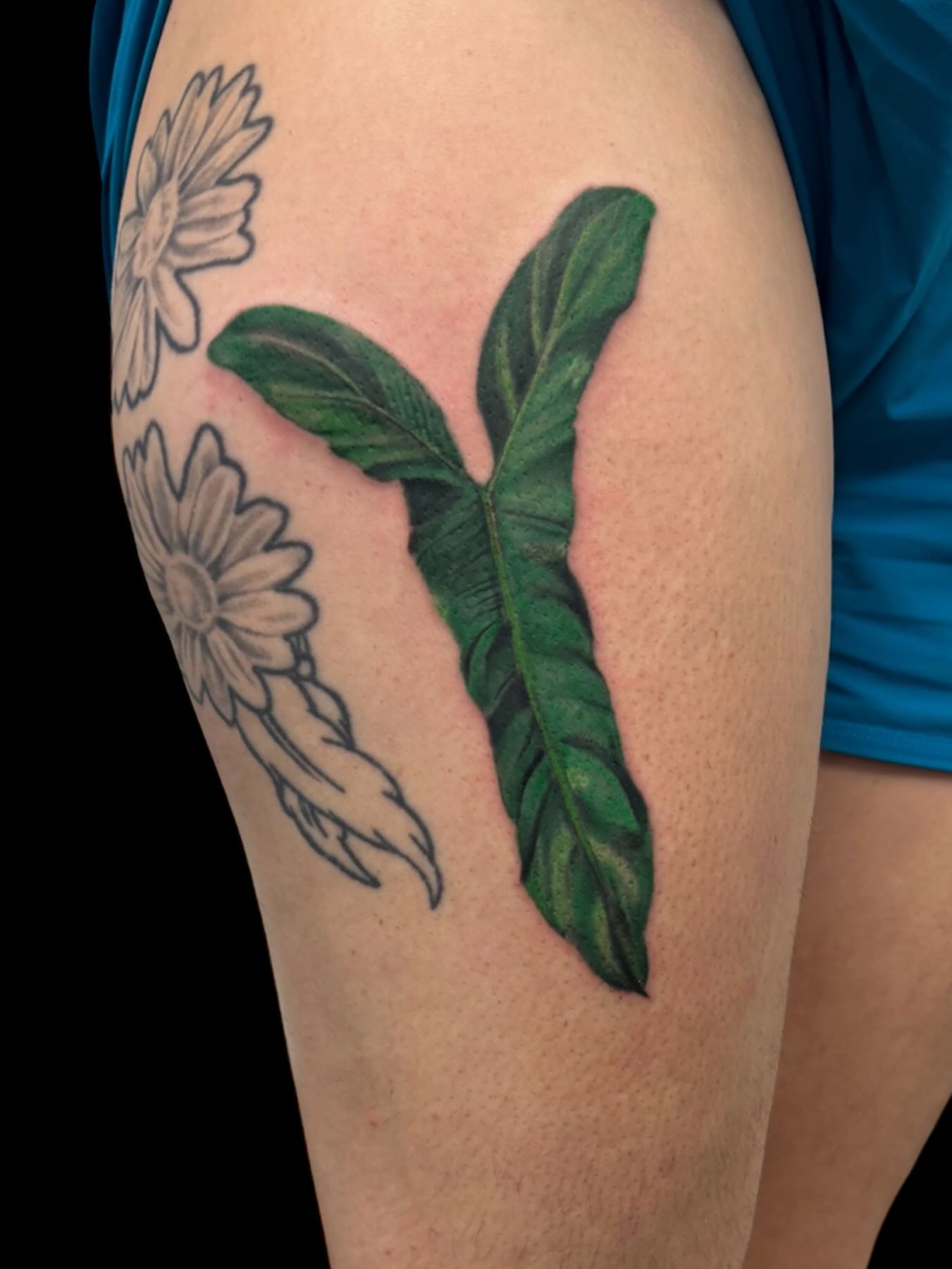 Banana leaf realism tattoo on the thigh by Cody Glenn