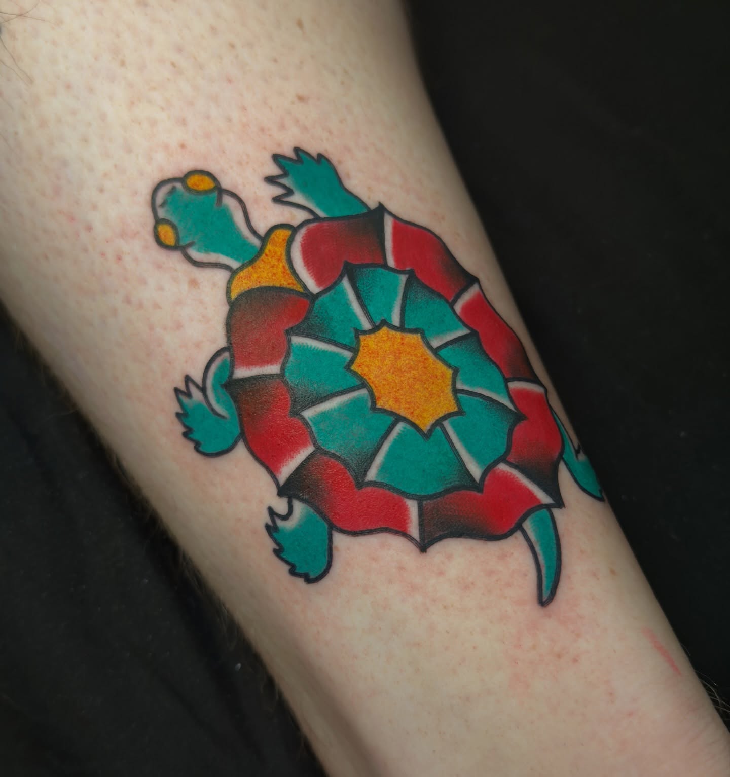 Turtle geometric tattoo on the forearm by Luke Mullins, Frederick, Maryland