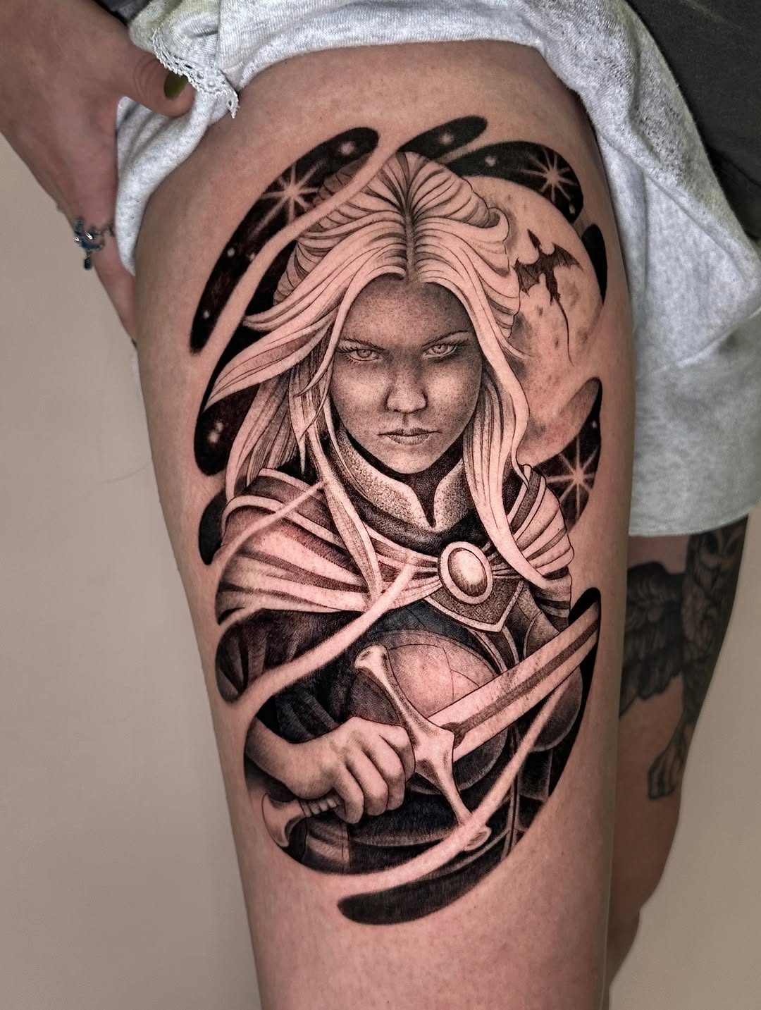 Warrior woman with sword realism tattoo on the thigh by James Hix - Tattoo Artist, Fort Worth, Texas