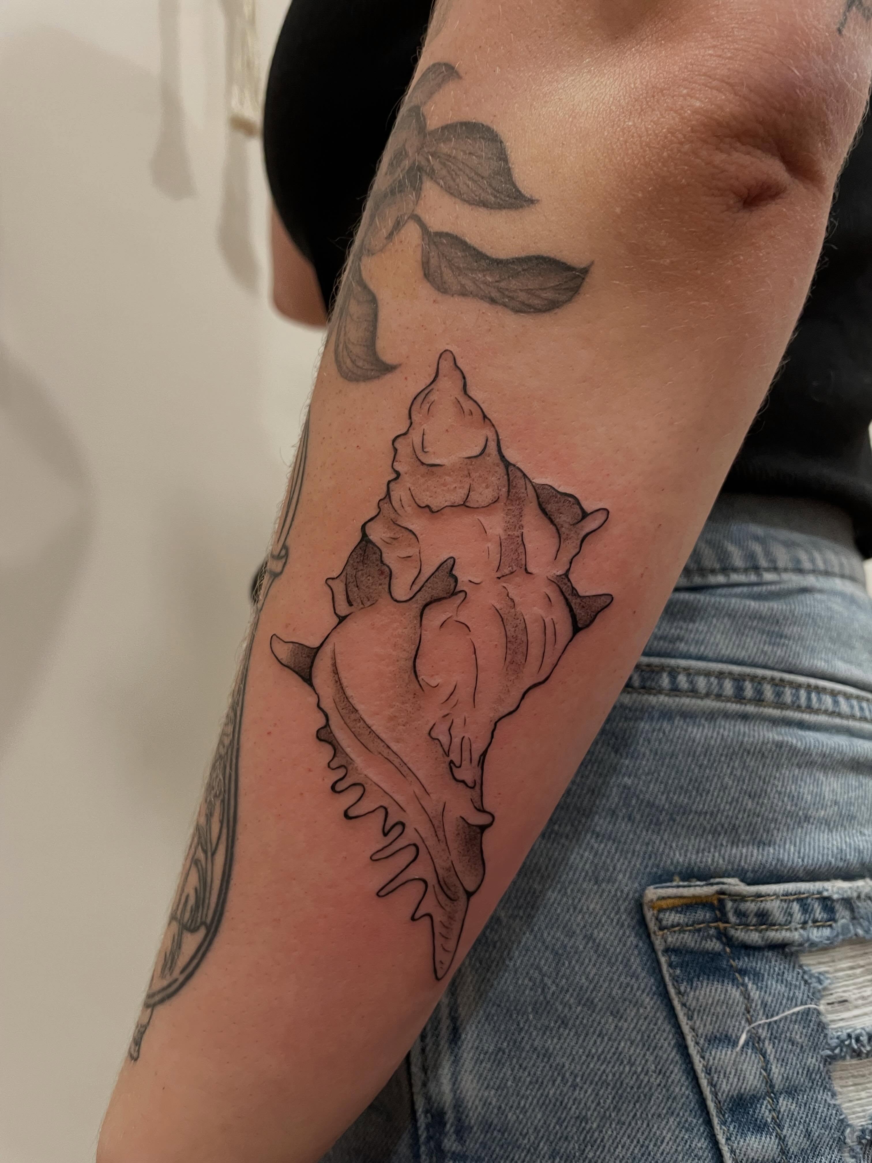 Conch shell black and grey tattoo on the forearm by ✨ saturday ✨